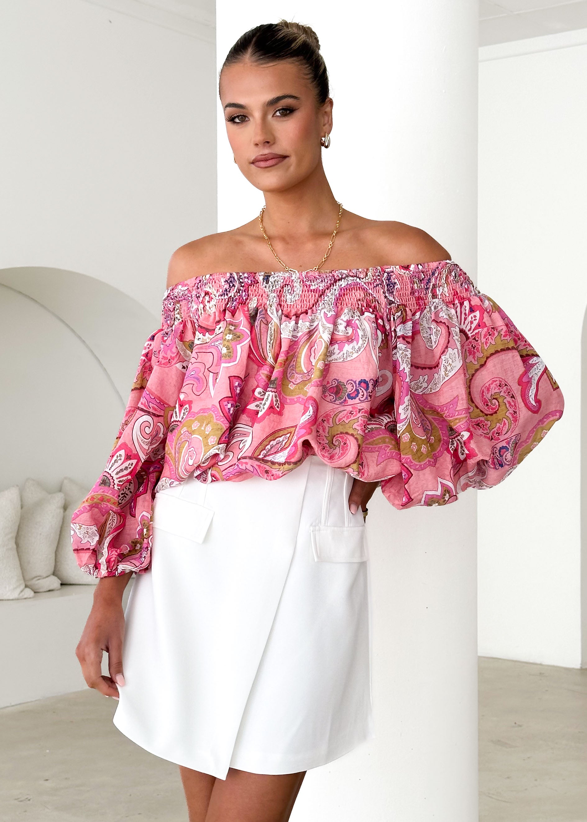 Leni Off Shoulder Top - Pink Paisley