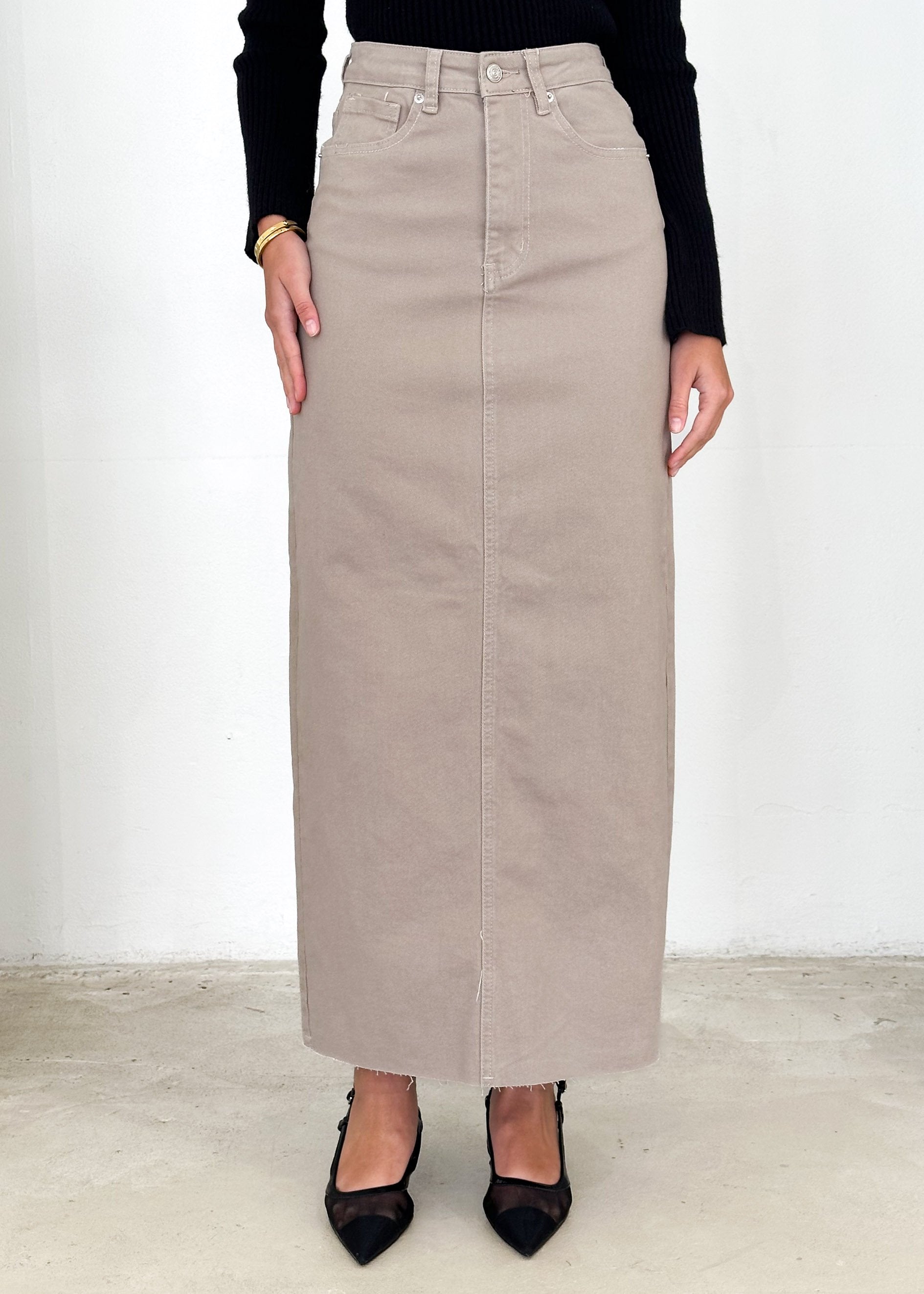 Amellia Stretch Denim Midi Skirt - Mocha