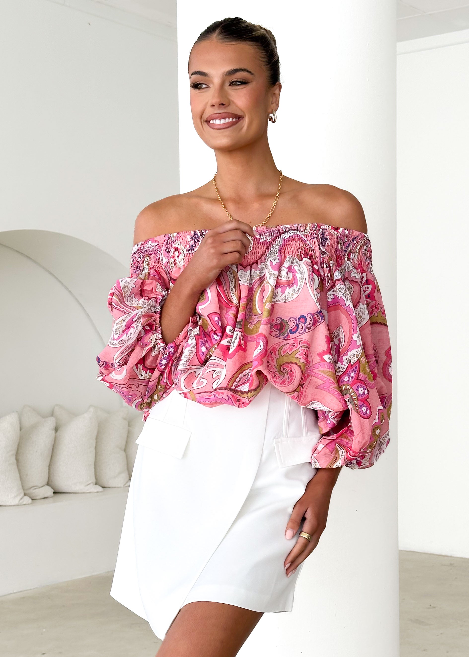 Leni Off Shoulder Top - Pink Paisley