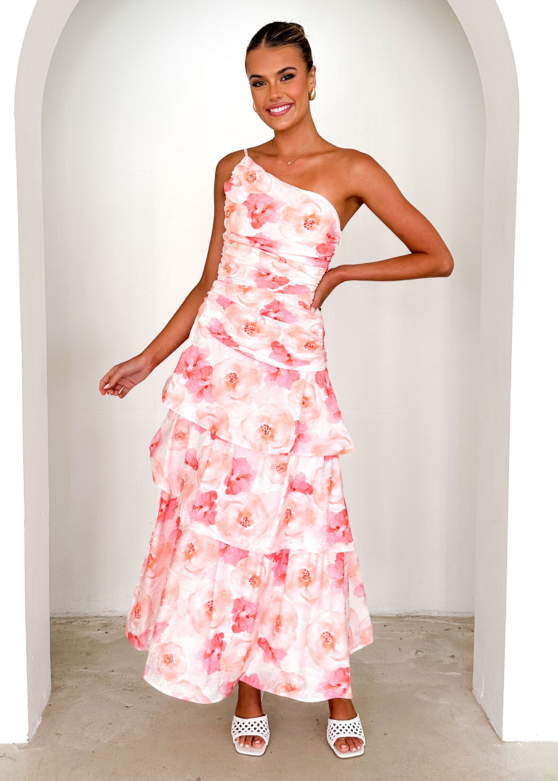 Aspra One Shoulder Midi Dress - Peach Watercolour