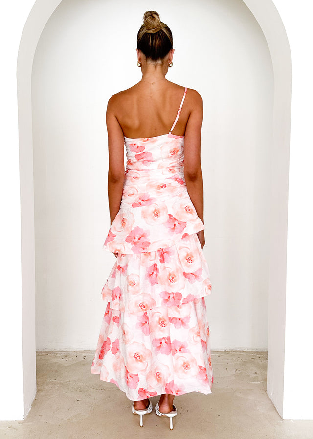 Aspra One Shoulder Midi Dress - Peach Watercolour