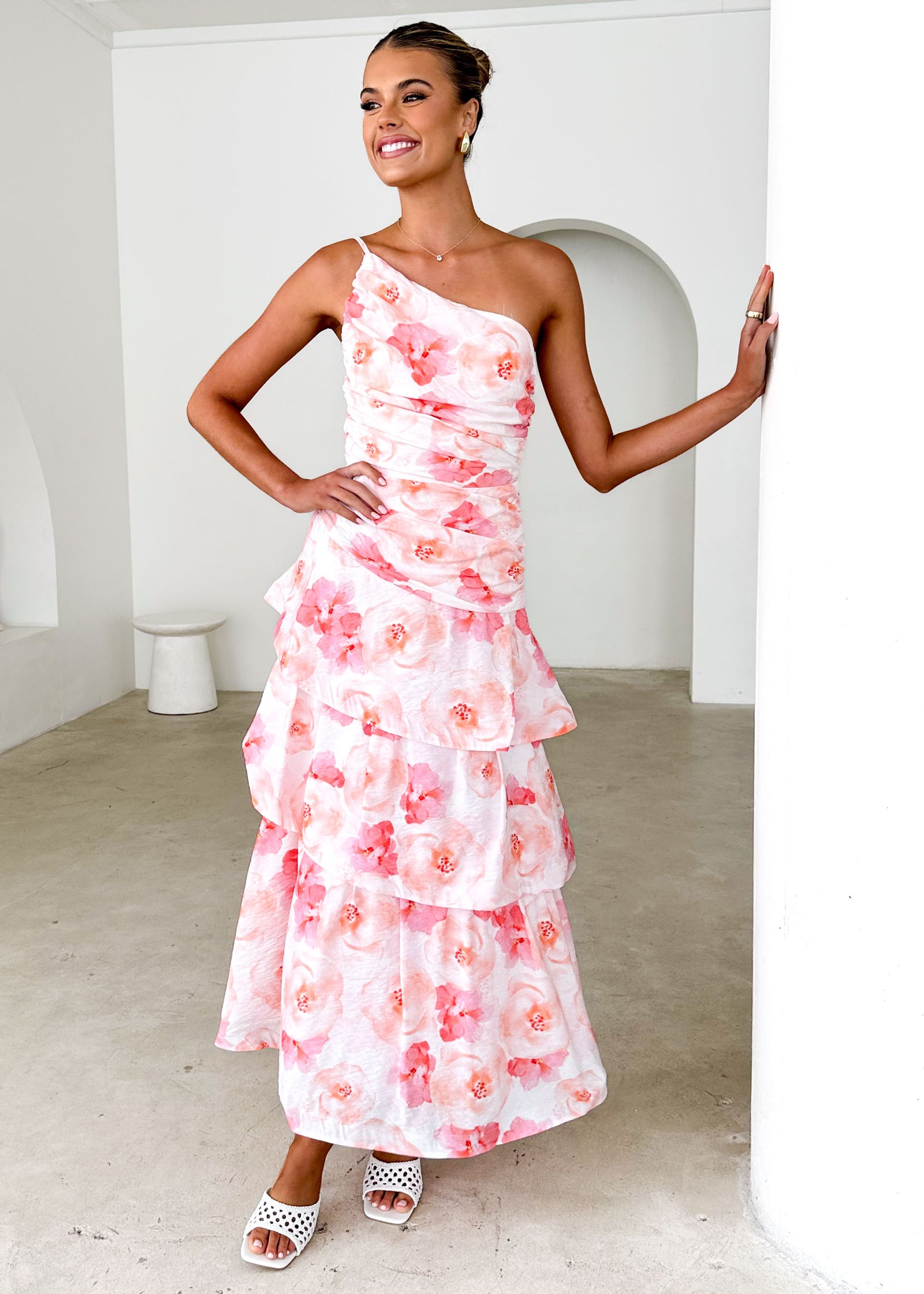 floral embroidered one-shoulder midi dress xscape Aidan Mattox Printed Jacquard Long Dress - Blue Multi