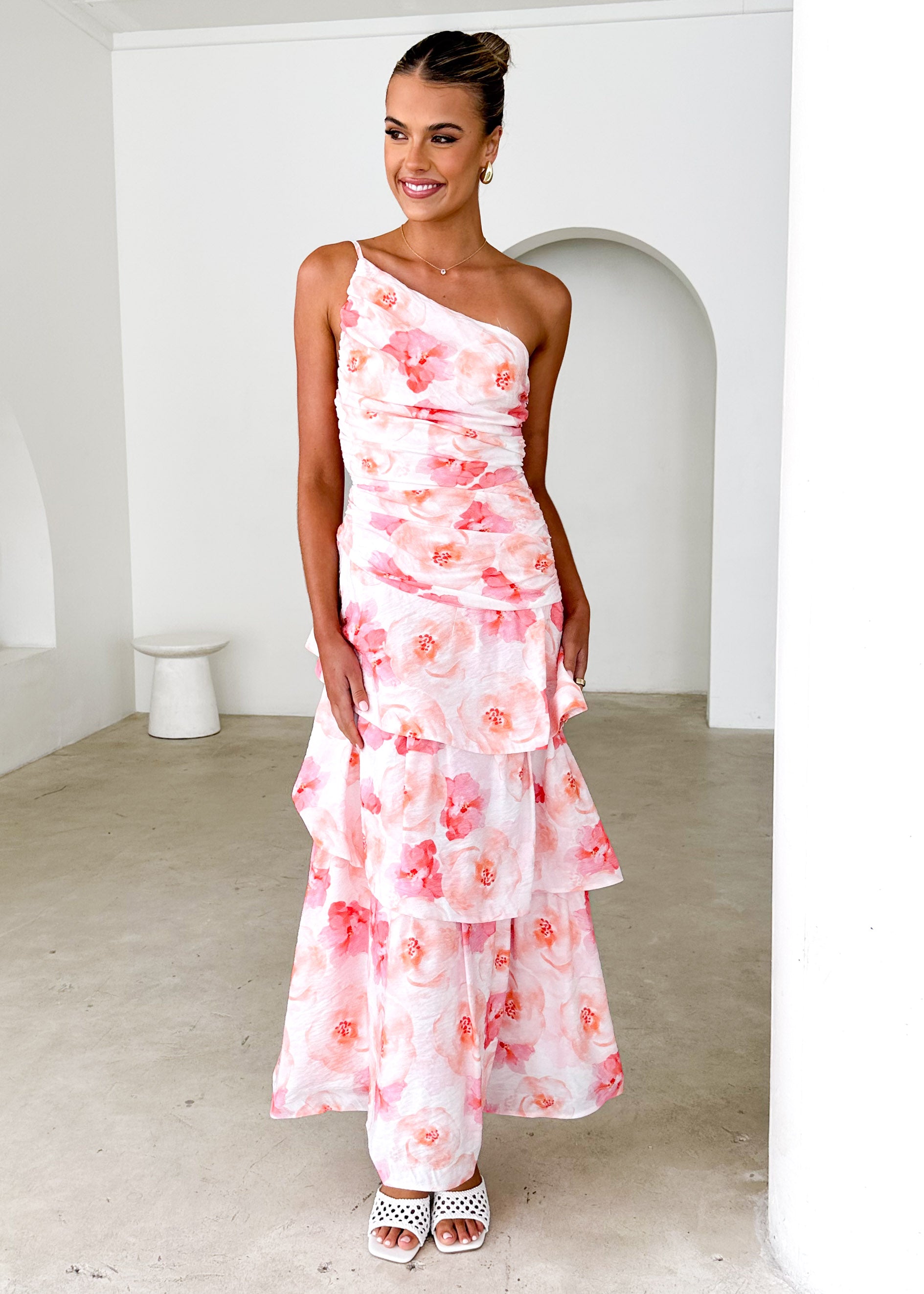 Aspra One Shoulder Midi Dress - Peach Watercolour