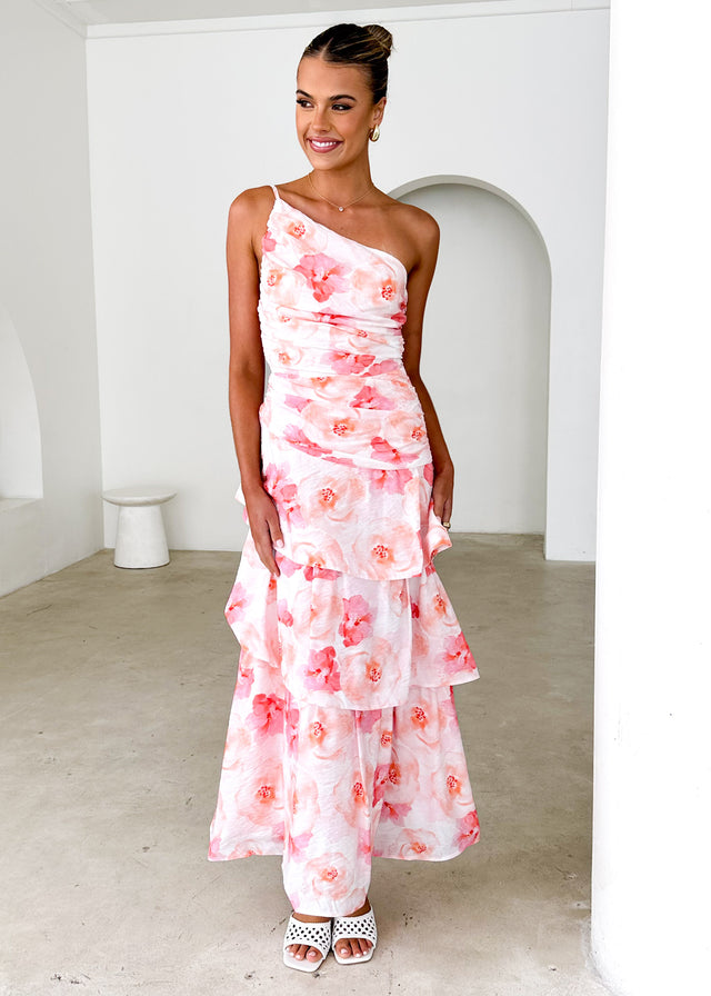 Aspra One Shoulder Midi Dress - Peach Watercolour