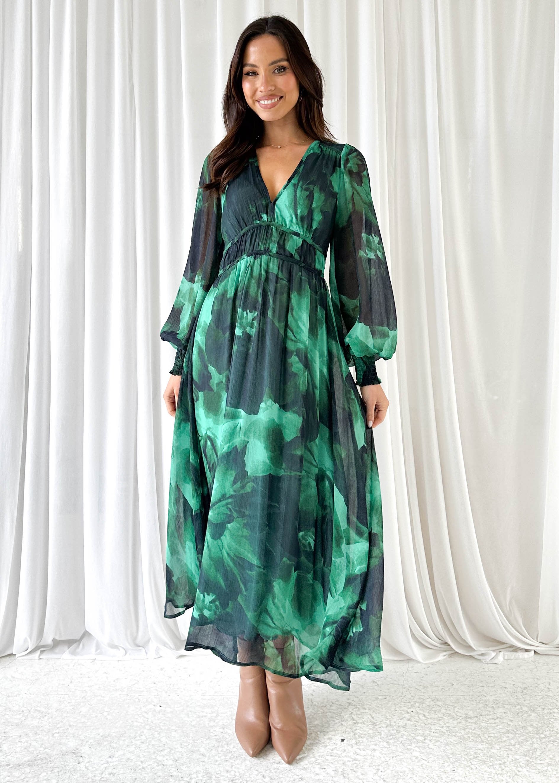 Rainta Maxi Dress - Emerald Watercolour