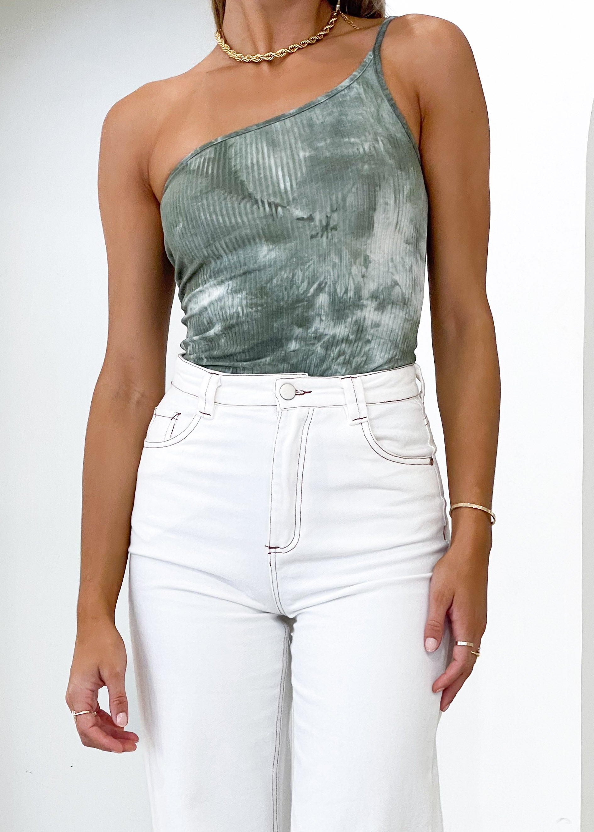 Lima One Shoulder Bodysuit - Khaki Tie Dye