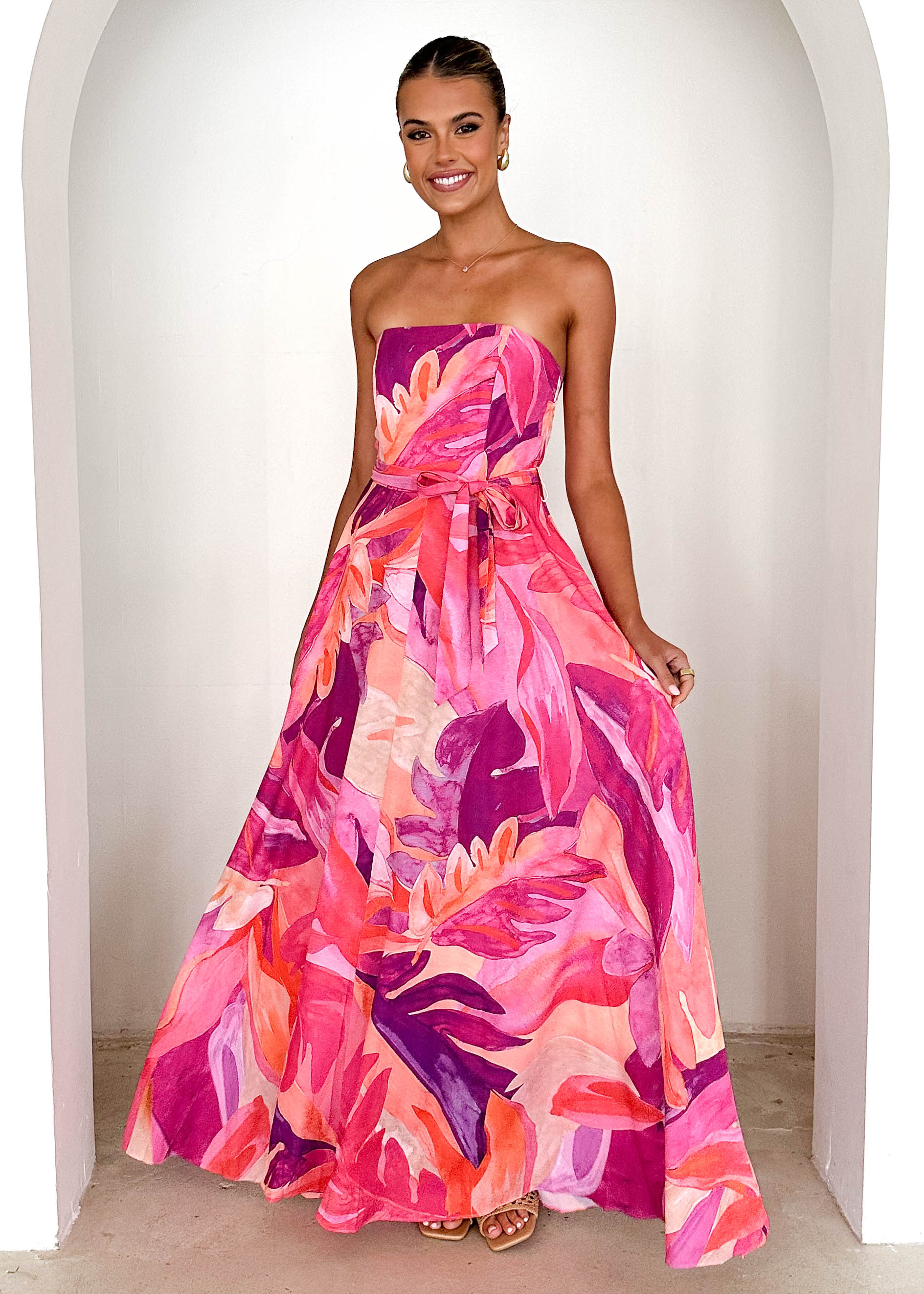 Jorgia Strapless Maxi Dress - Pink Abstract