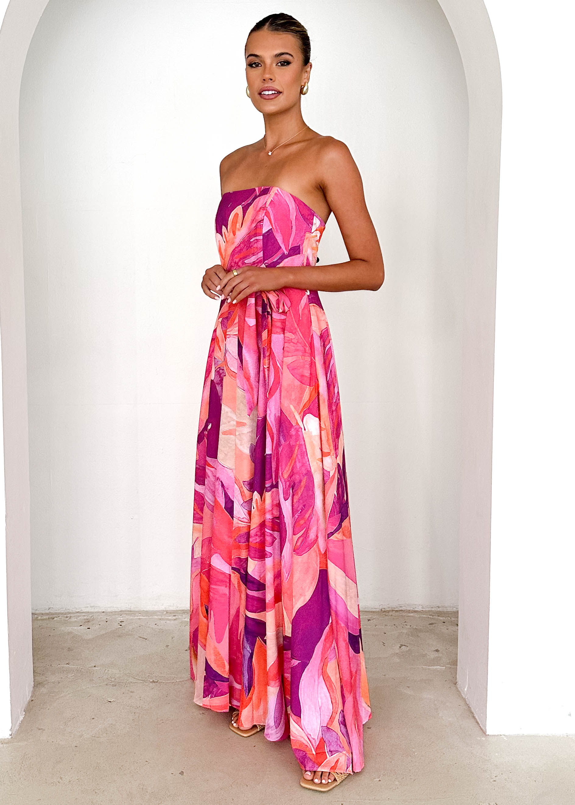 Jorgia Strapless Maxi Dress - Pink Abstract