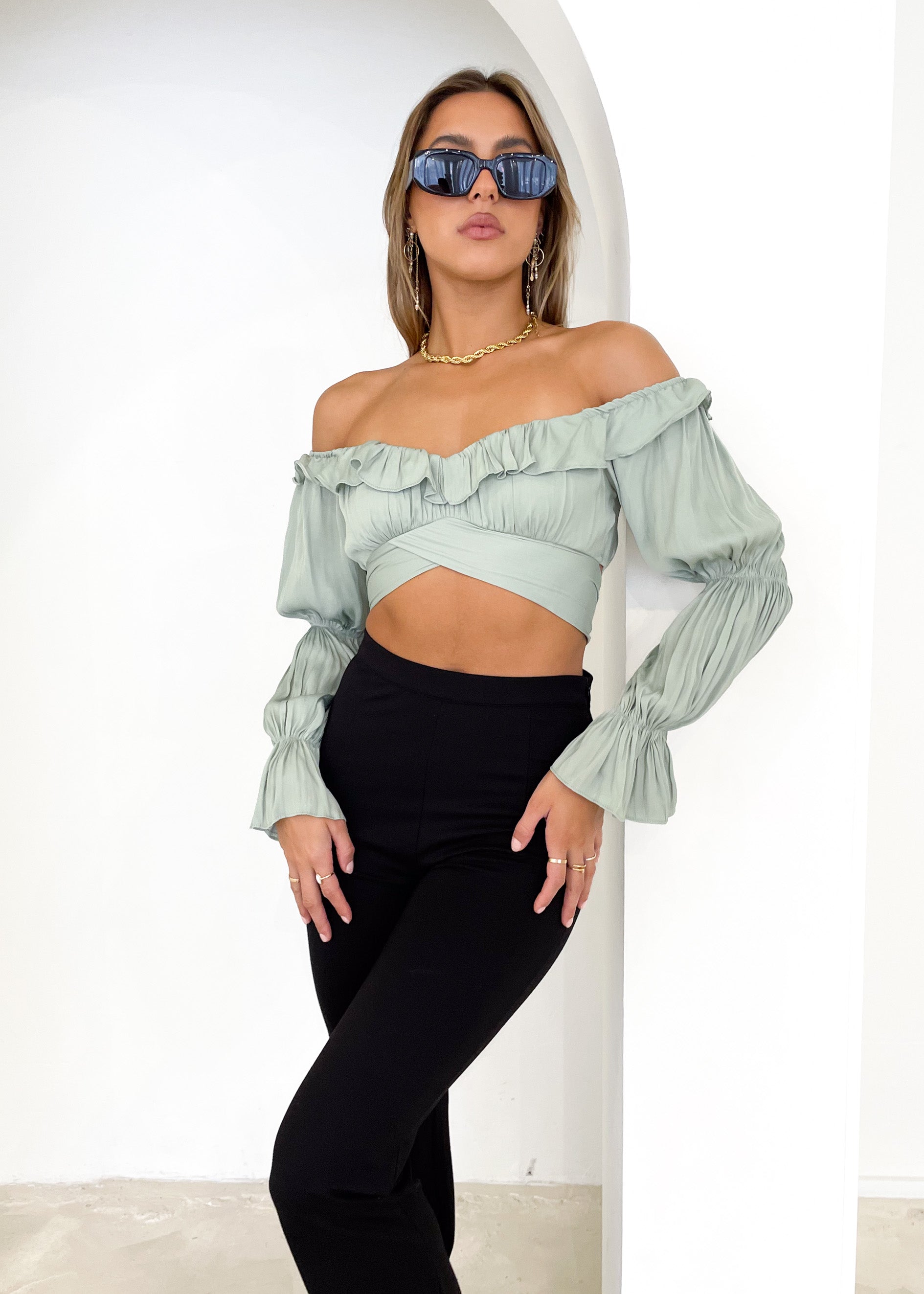 Rexha Off Shoulder Crop - Sage