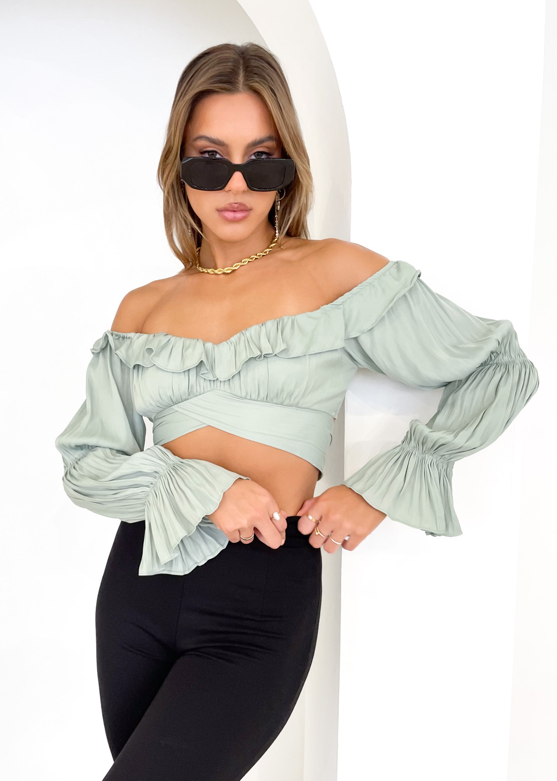 Rexha Off Shoulder Crop - Sage