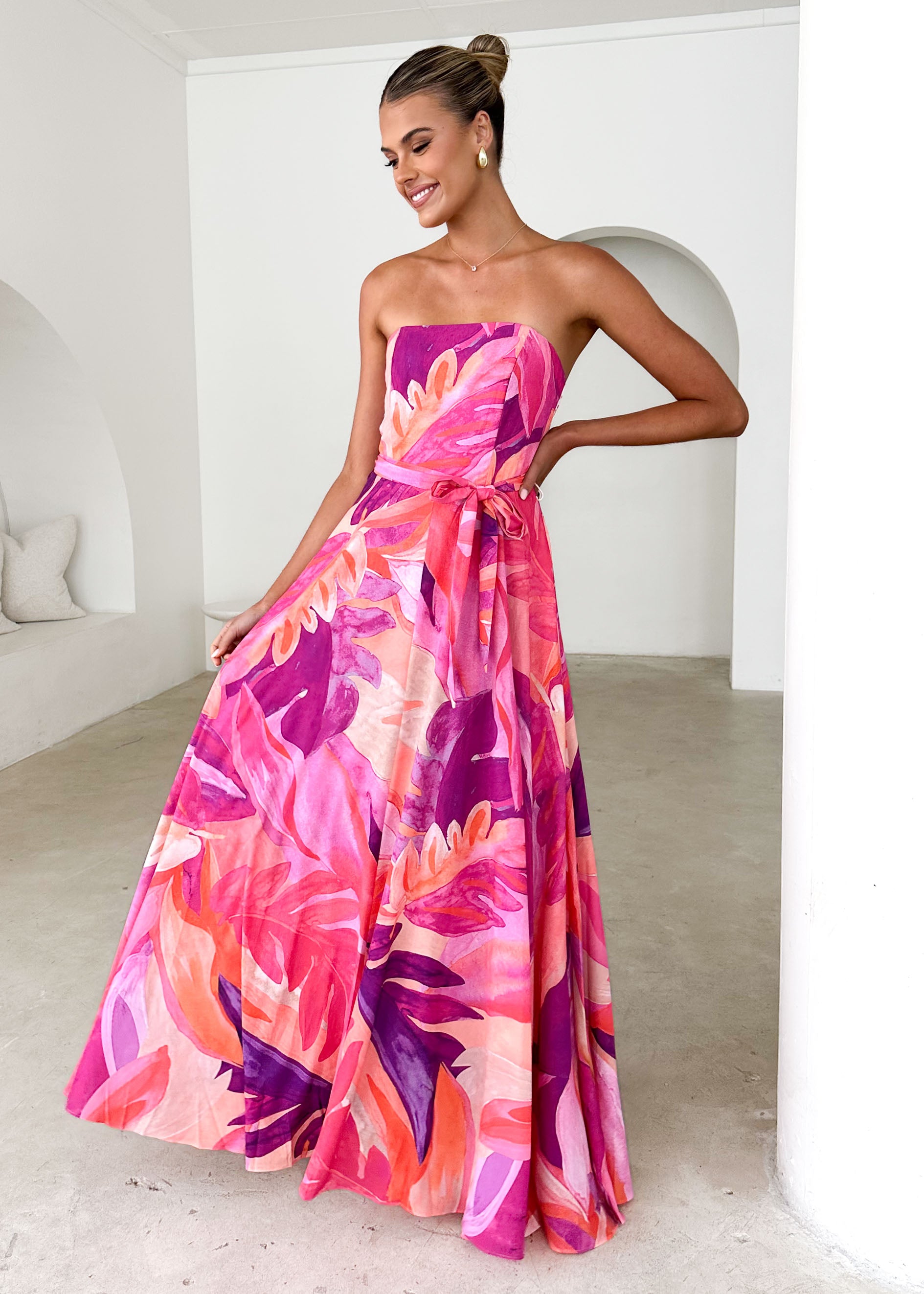 Jorgia Strapless Maxi Dress - Pink Abstract