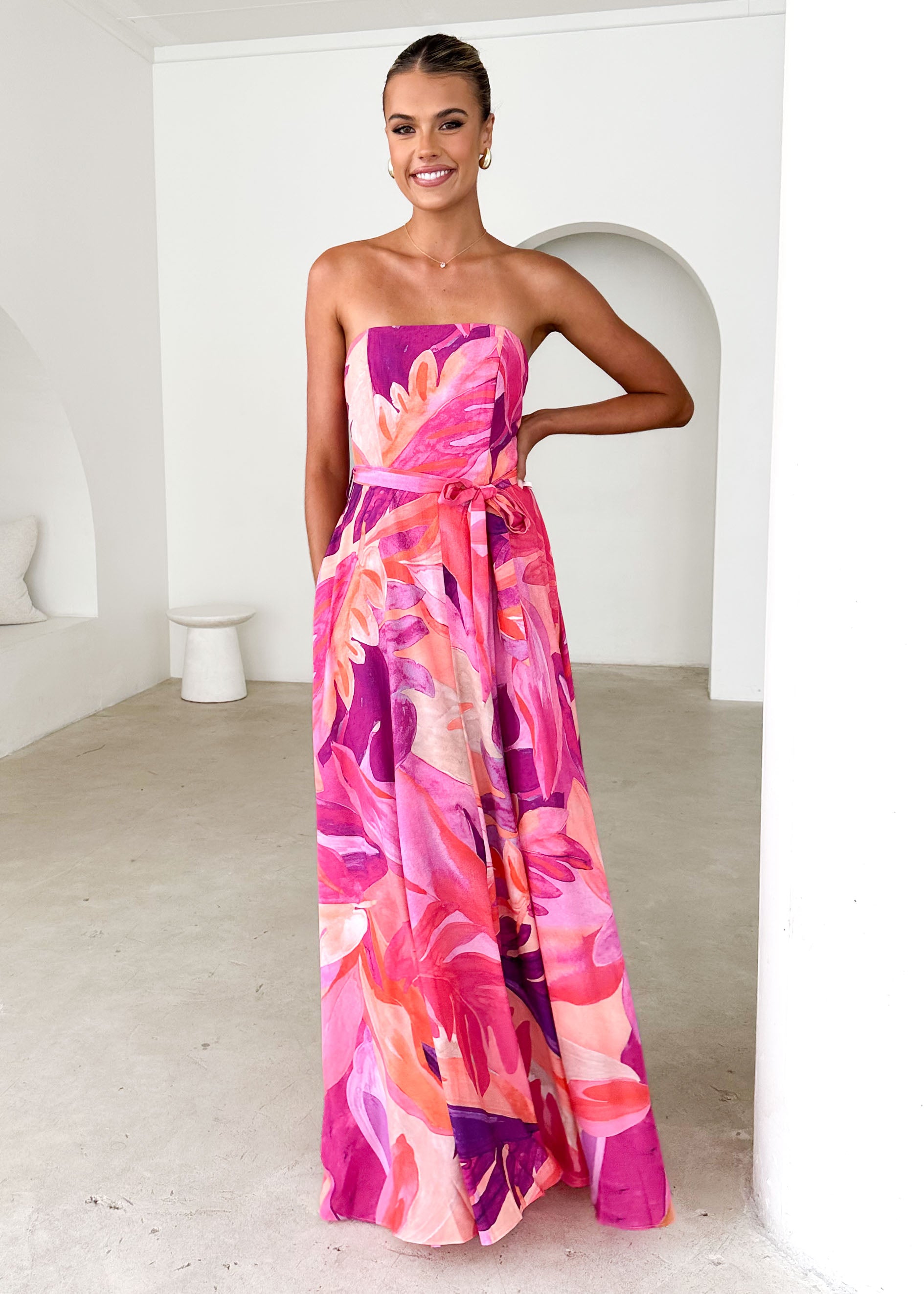 Jorgia Strapless Maxi Dress - Pink Abstract