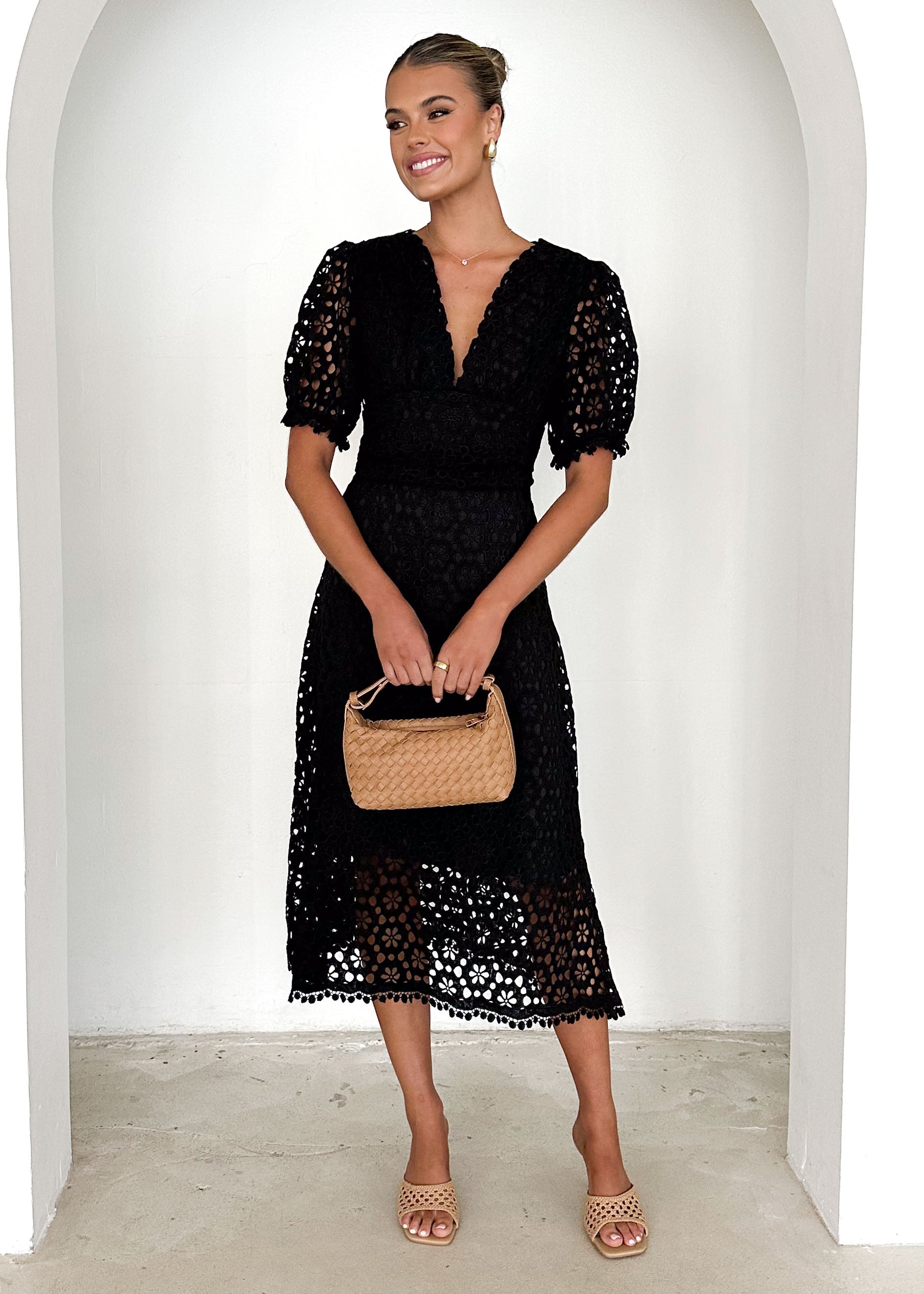 Jahra Lace Midi Dress - Black