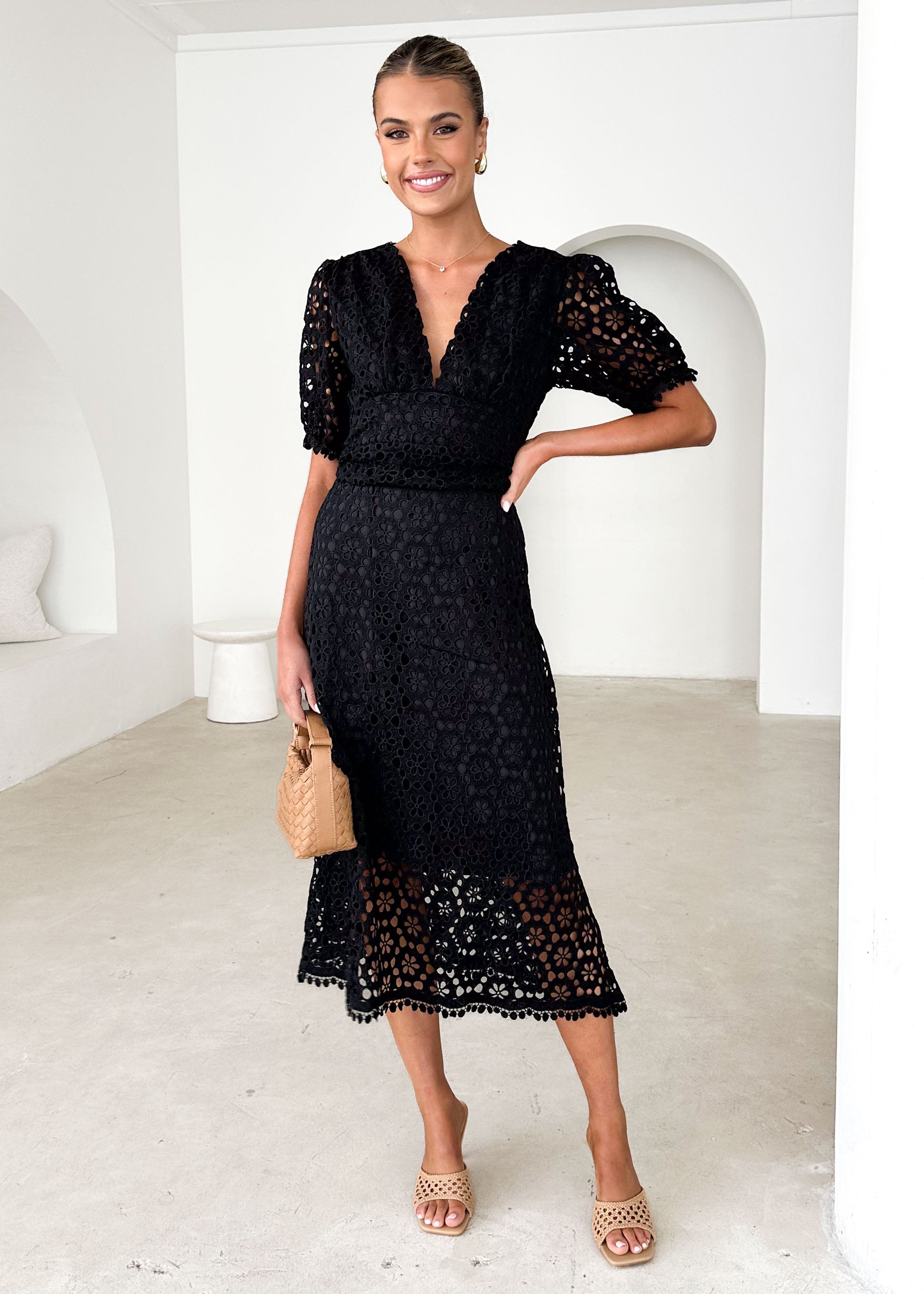 Jahra Lace Midi Dress - Black