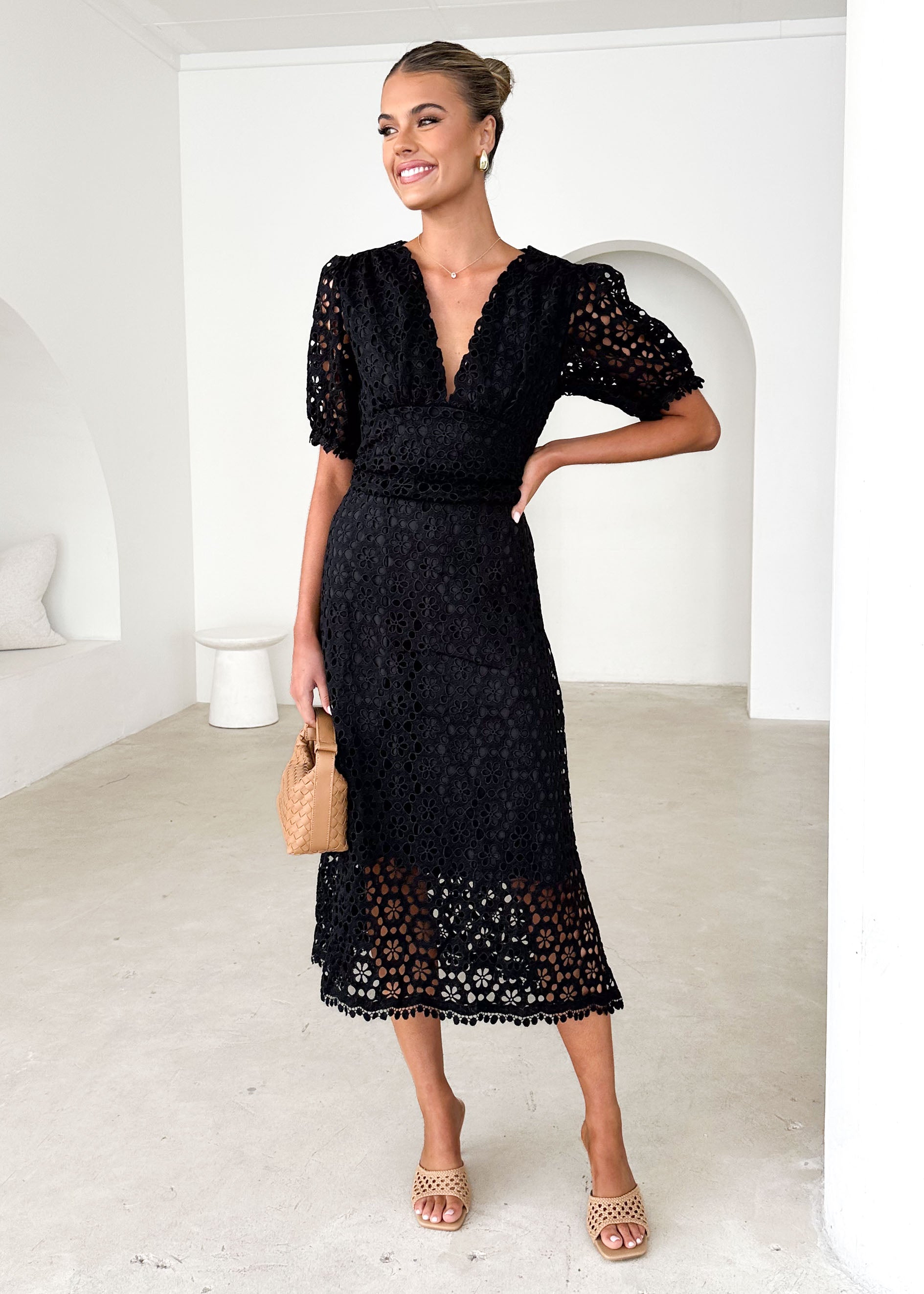 Jahra Lace Midi Dress - Black