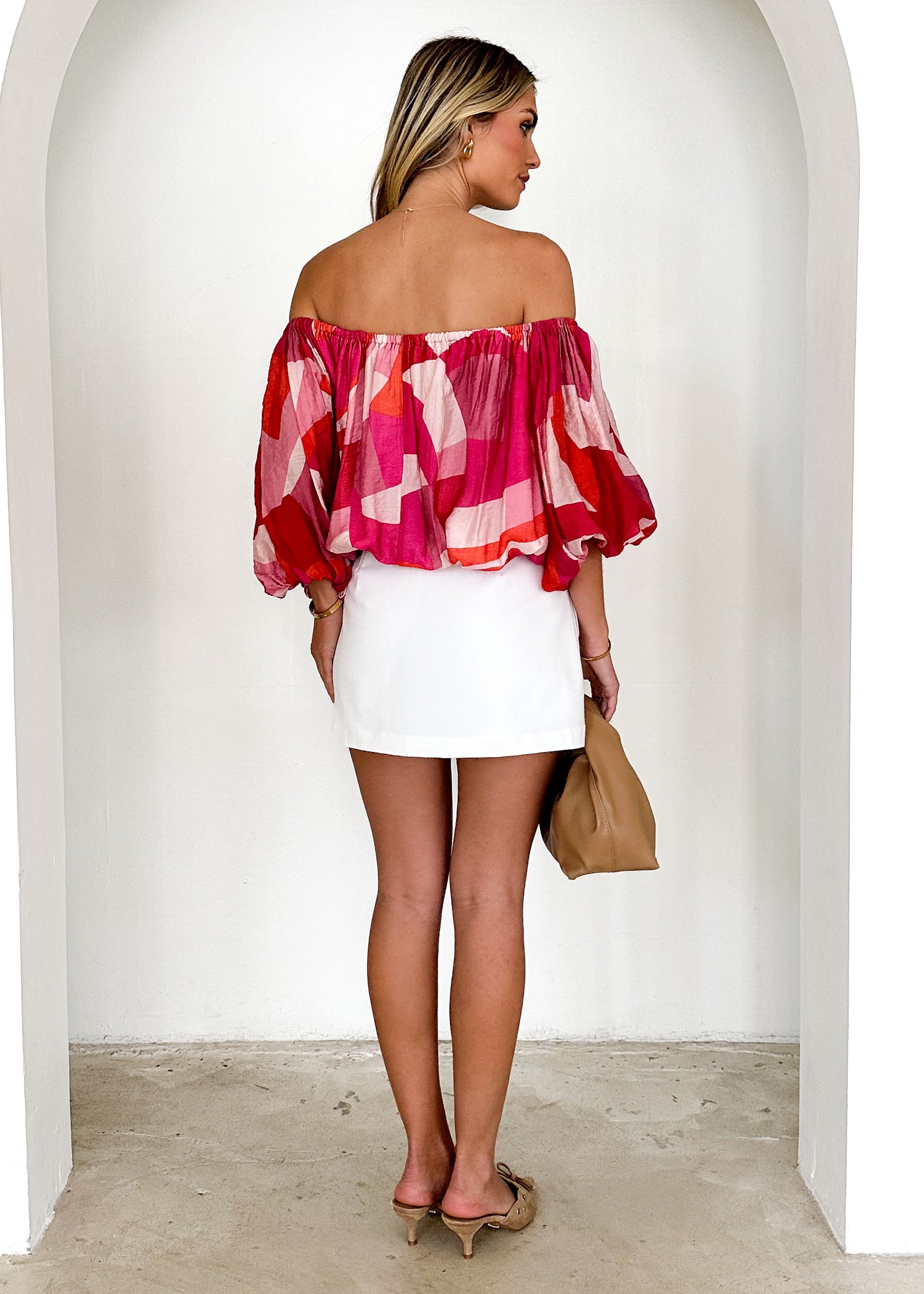 Vida Off Shoulder Blouse - Pink Geo