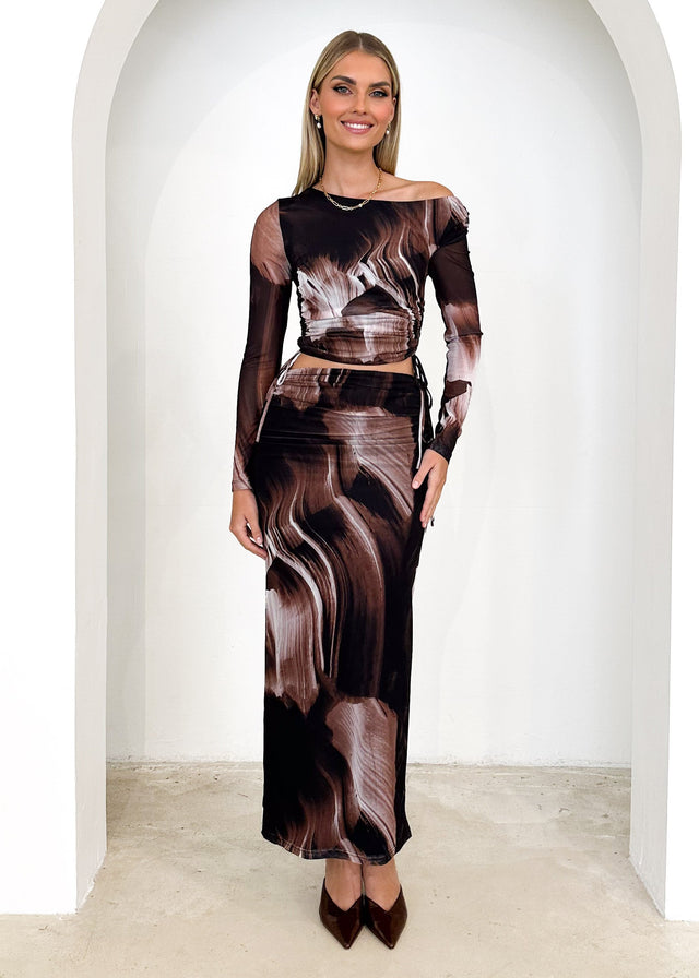 Jestra Mesh Maxi Skirt - Choc Abstract