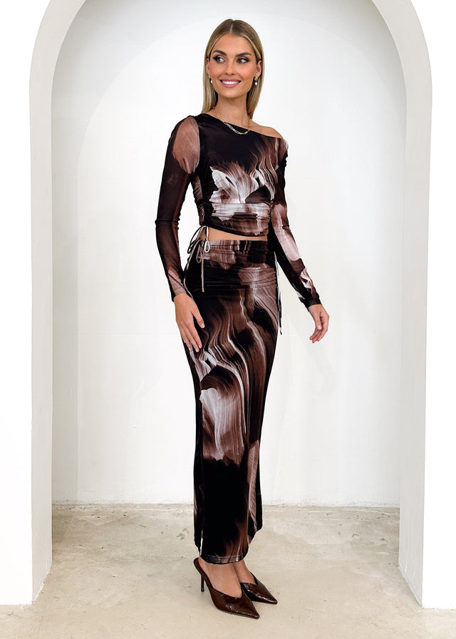 Jestra Mesh Maxi Skirt - Choc Abstract