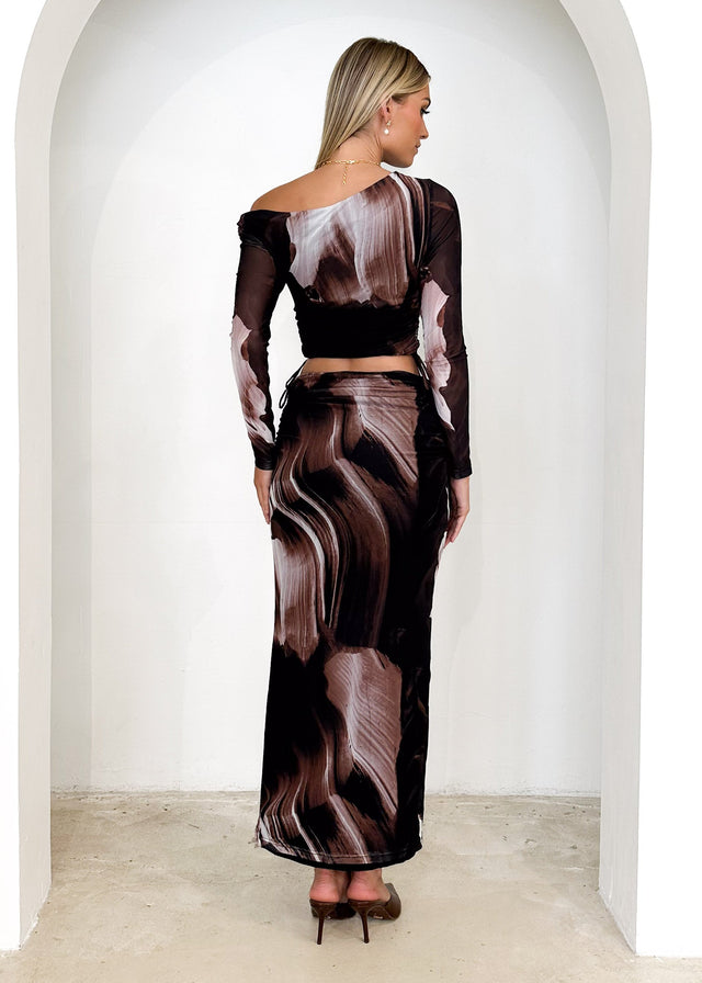 Jestra Mesh Maxi Skirt - Choc Abstract