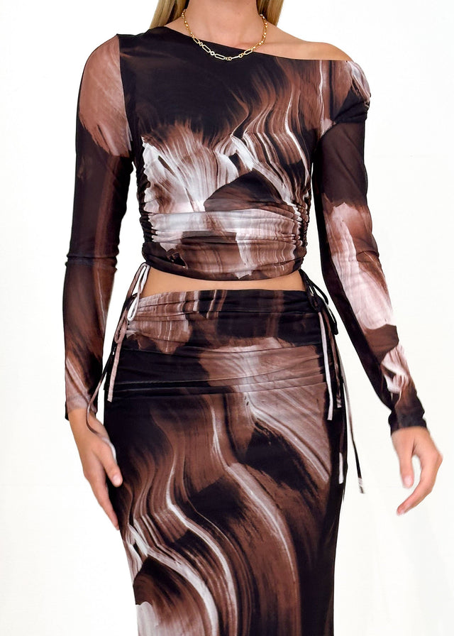 Jestra Mesh Maxi Skirt - Choc Abstract