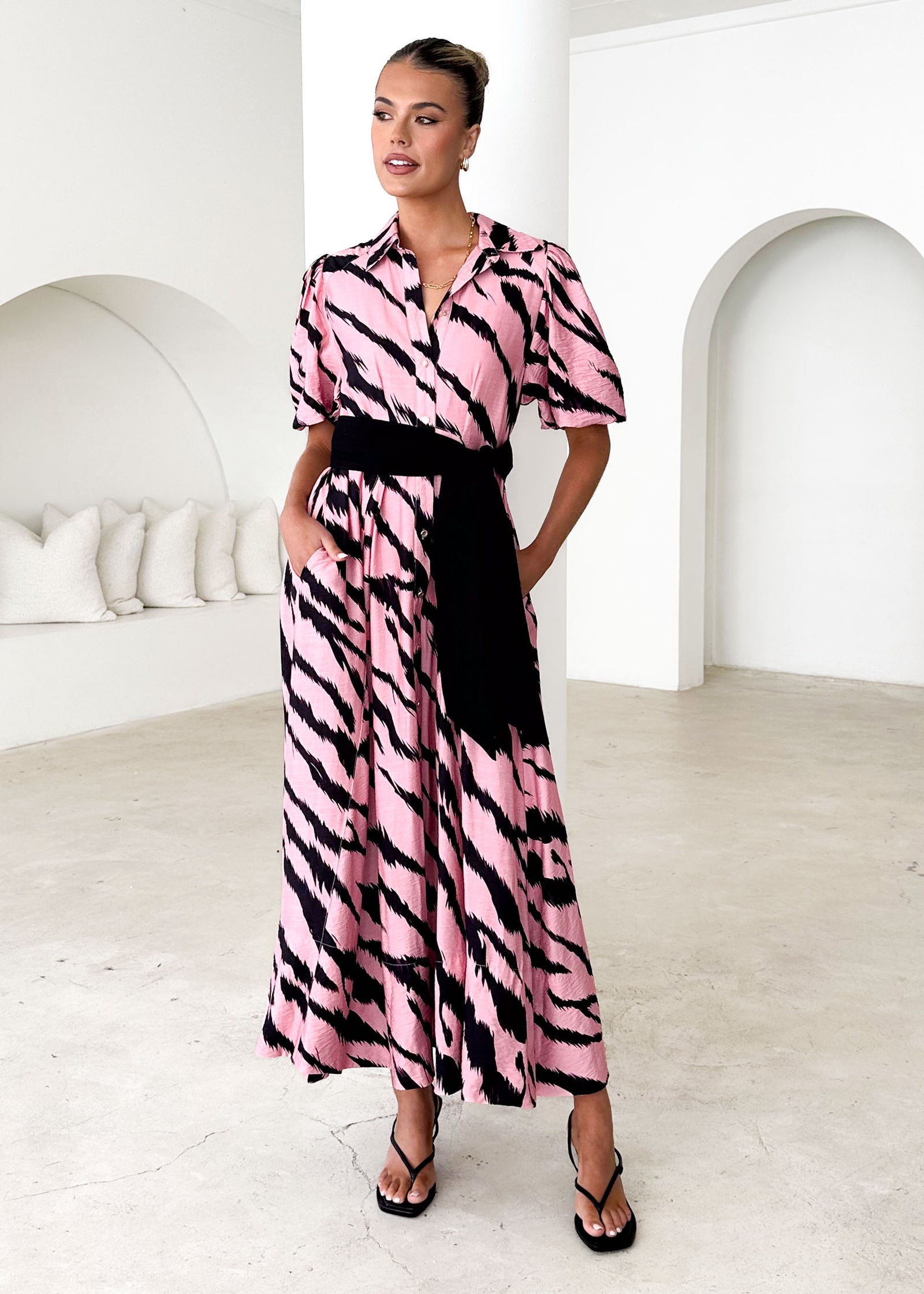pink and white zebra dress The Show Your Stripes Morley Embroidered Trim Dress in Pink and White Zebra Print