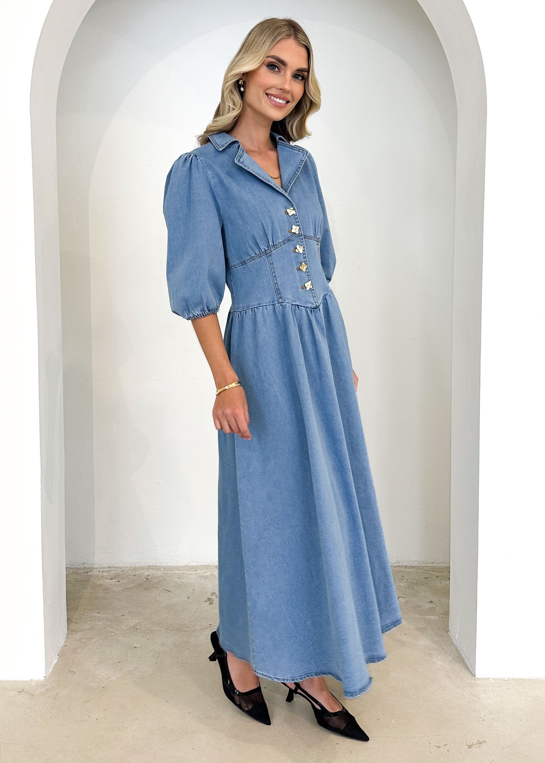 Carmine Denim Maxi Dress - Mid Blue