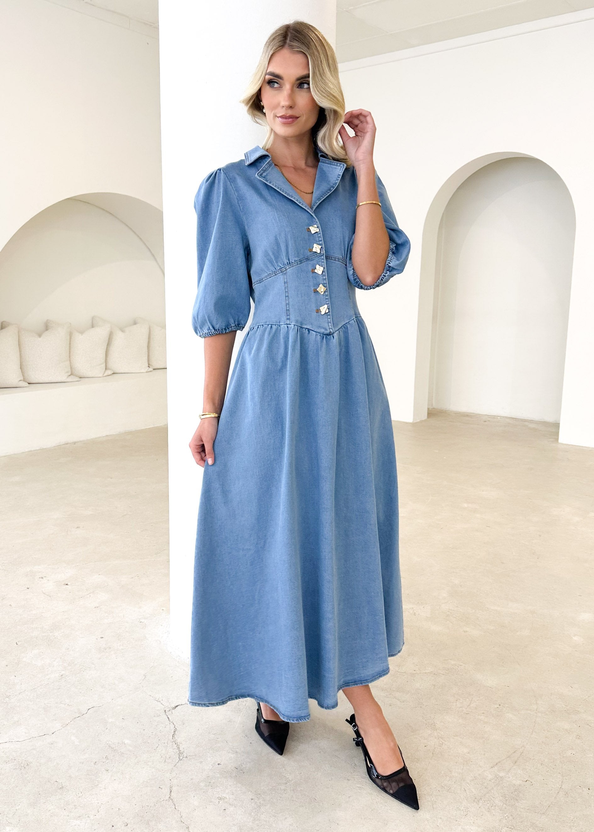 Carmine Denim Maxi Dress - Mid Blue