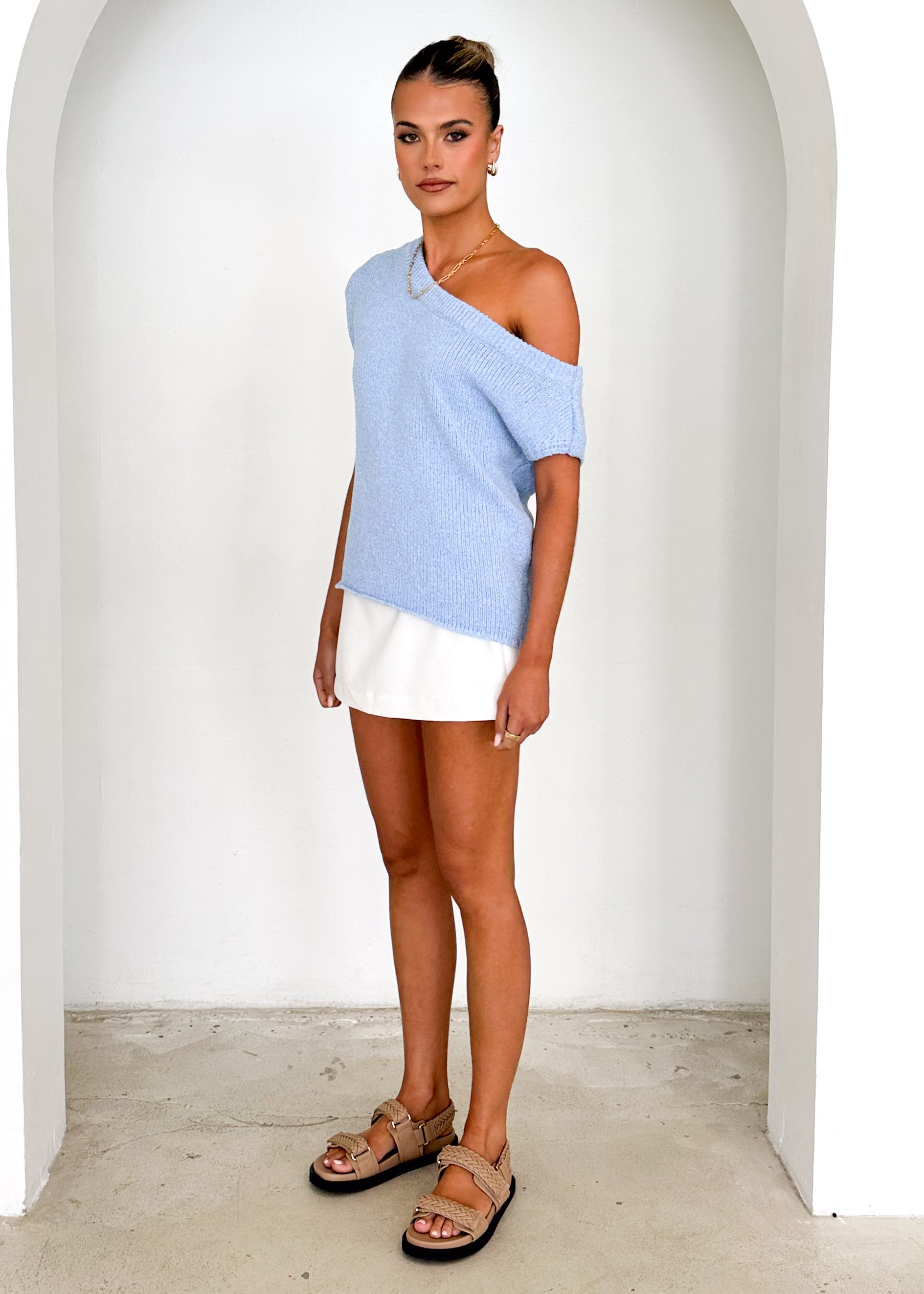 Casoni One Shoulder Knit Top - Powder Blue