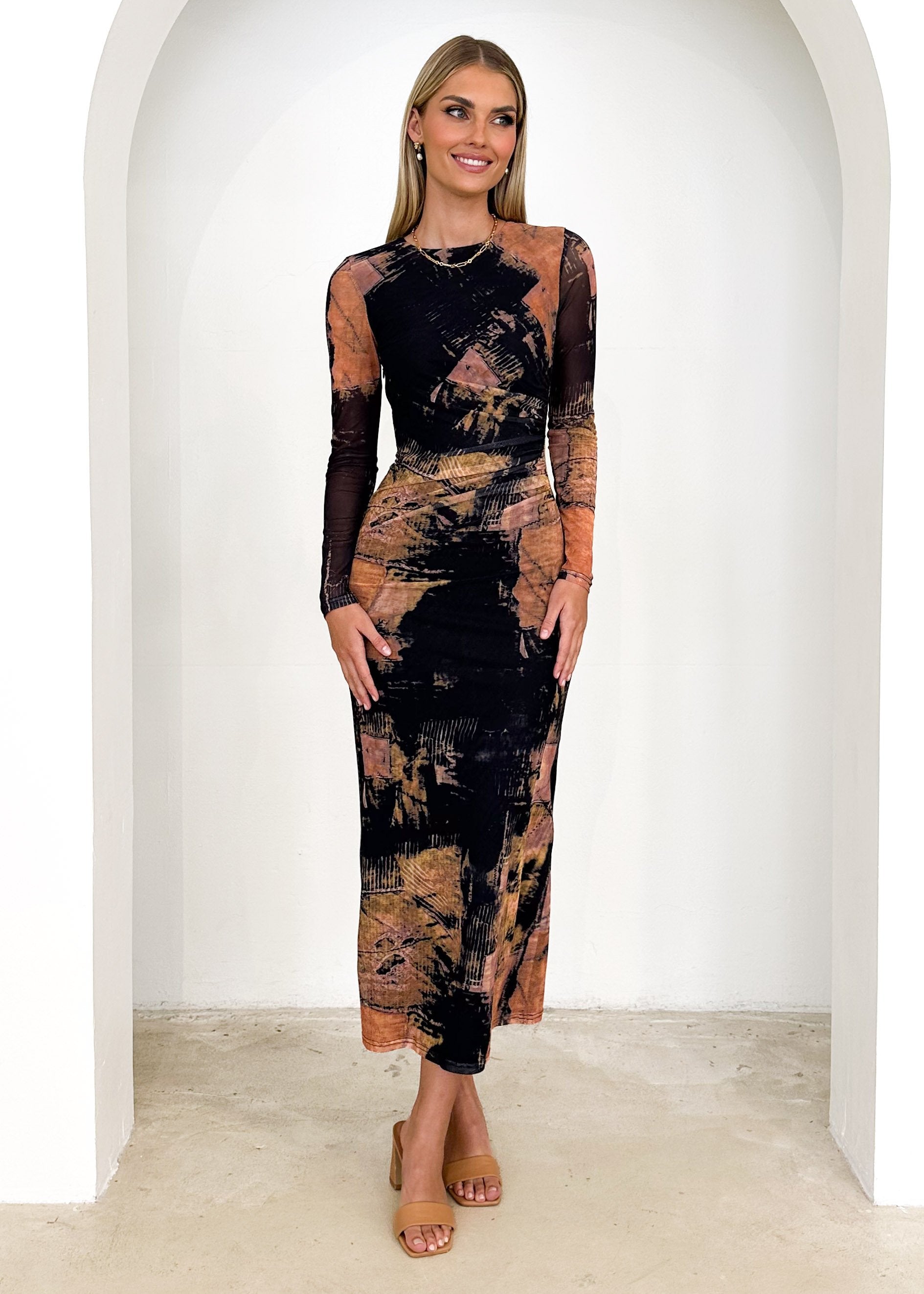 Leckra Mesh Maxi Dress - Rust Print