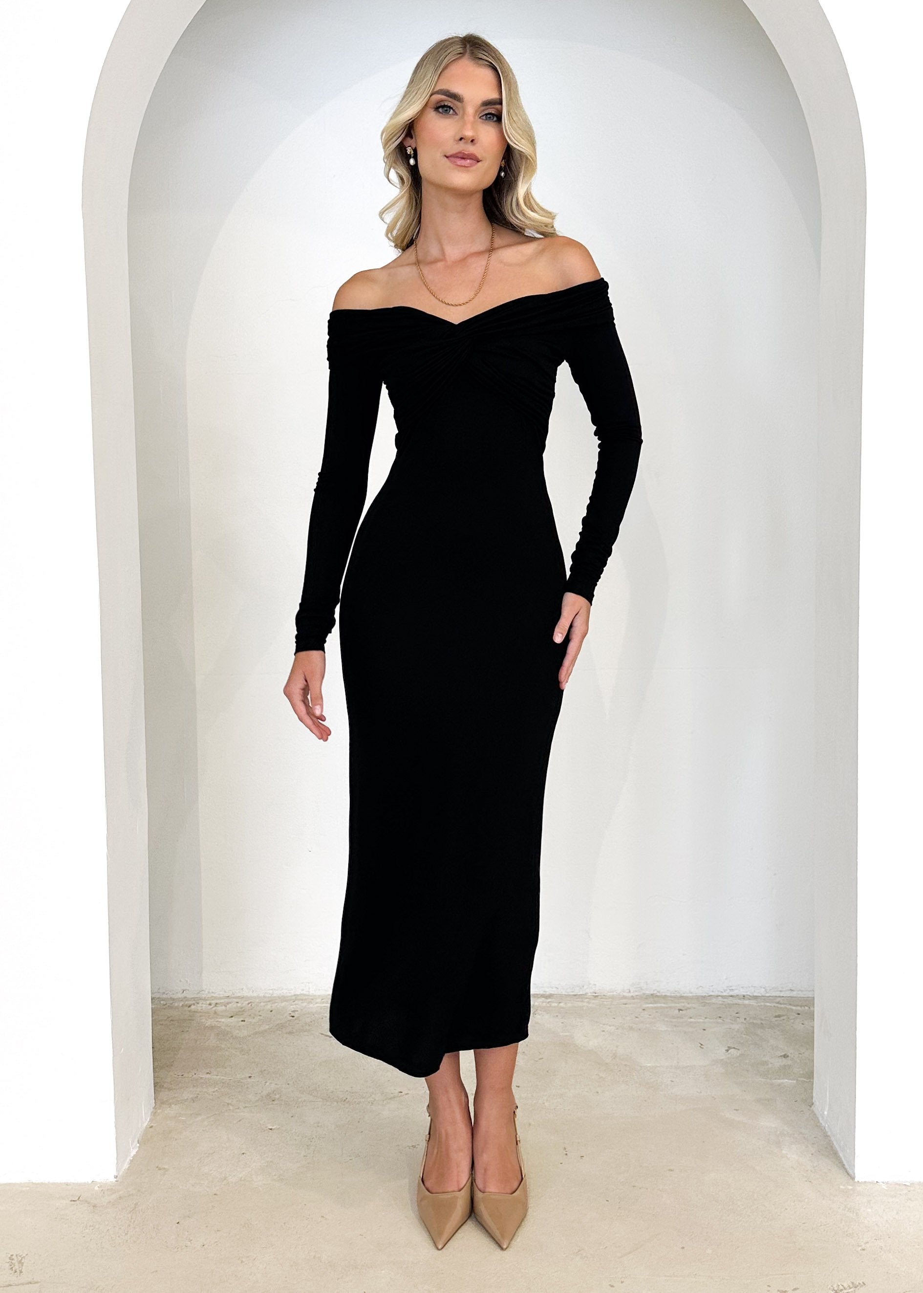 Calypso Off Shoulder Knit Maxi Dress - Black