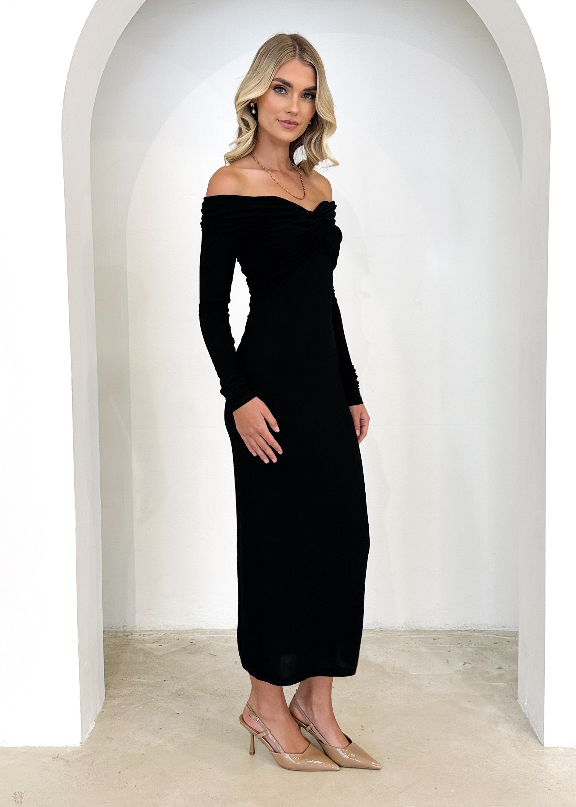 Calypso Off Shoulder Knit Maxi Dress - Black