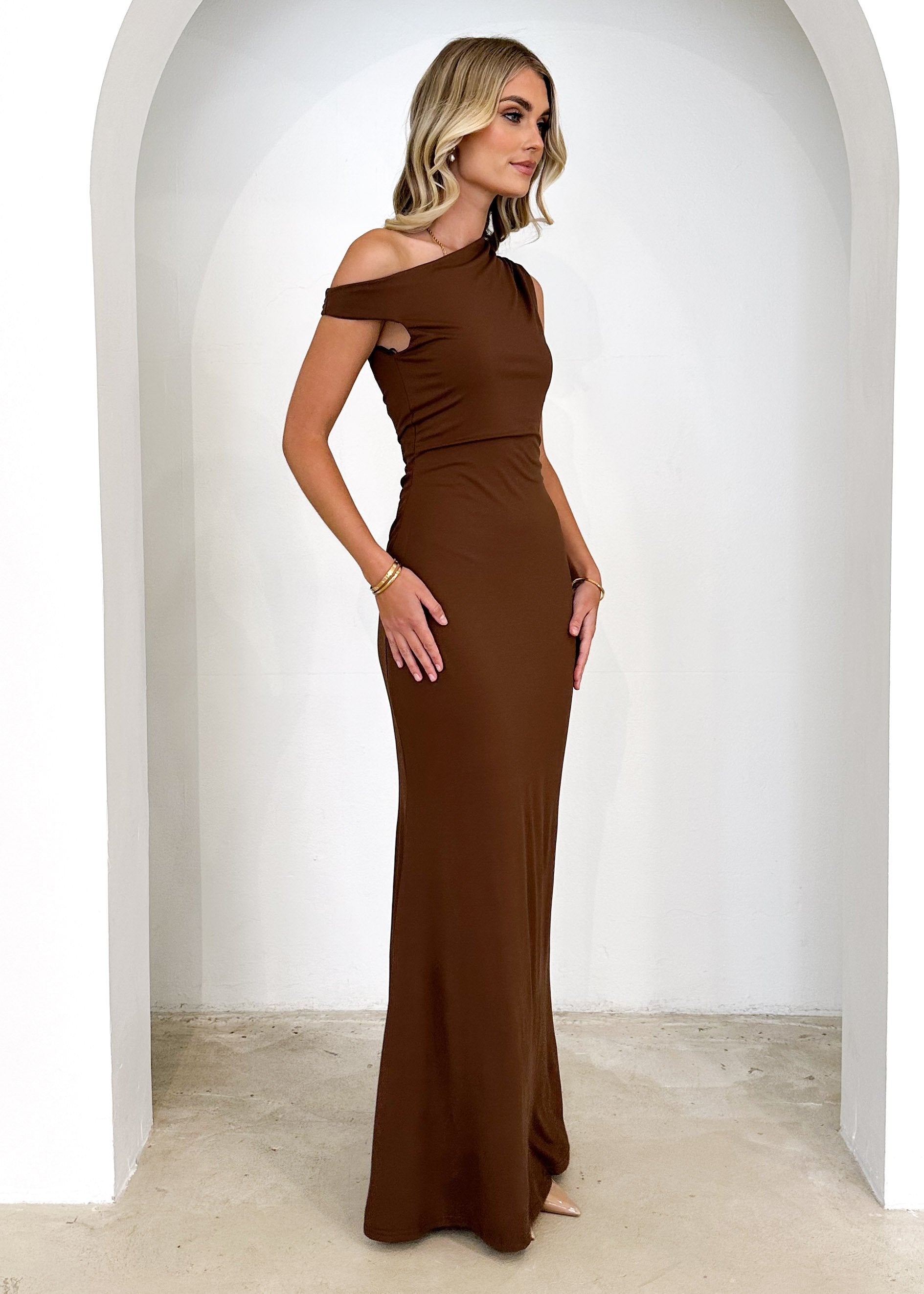 Cayman One Shoulder Maxi Dress - Chocolate