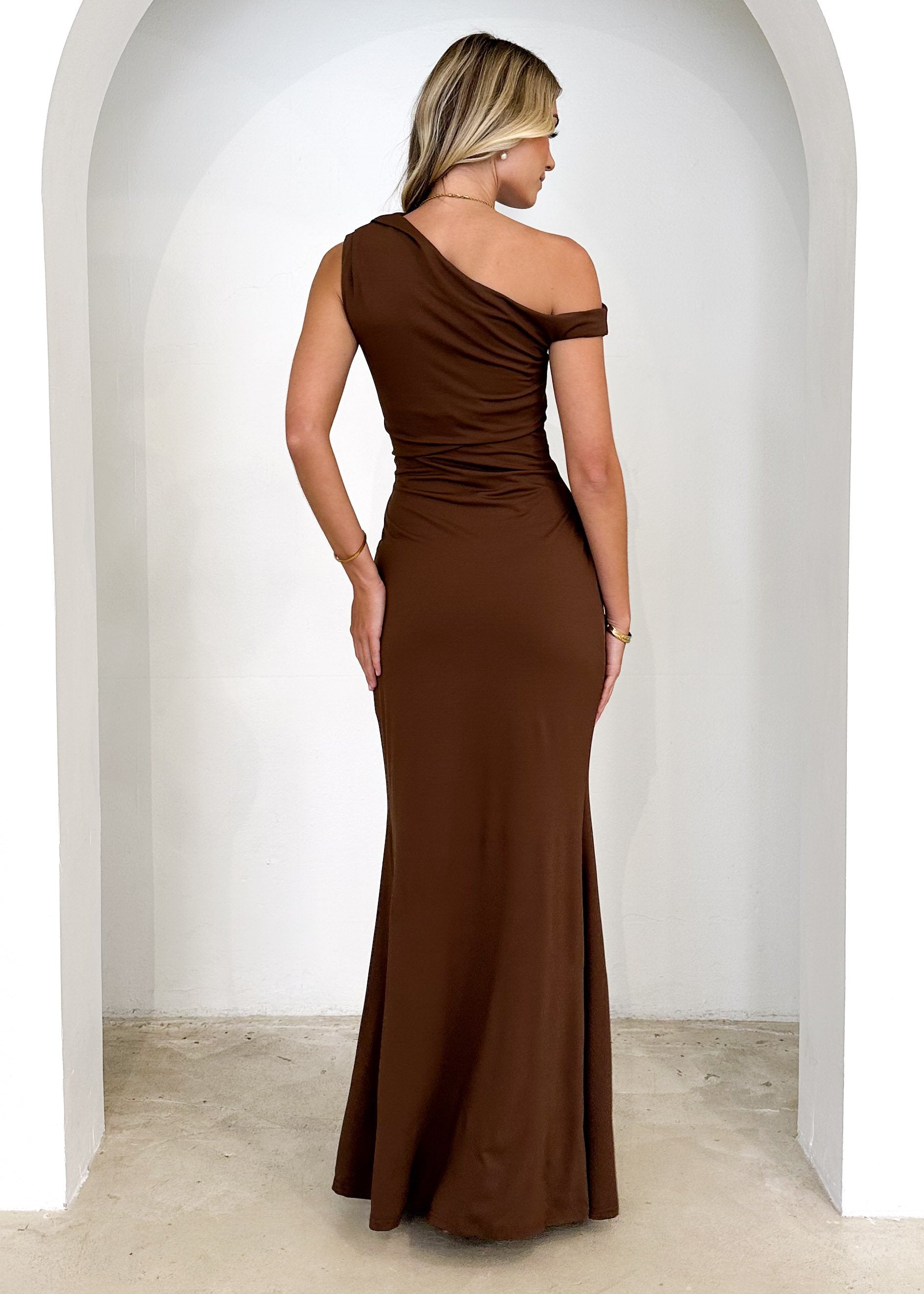 Cayman One Shoulder Maxi Dress - Chocolate