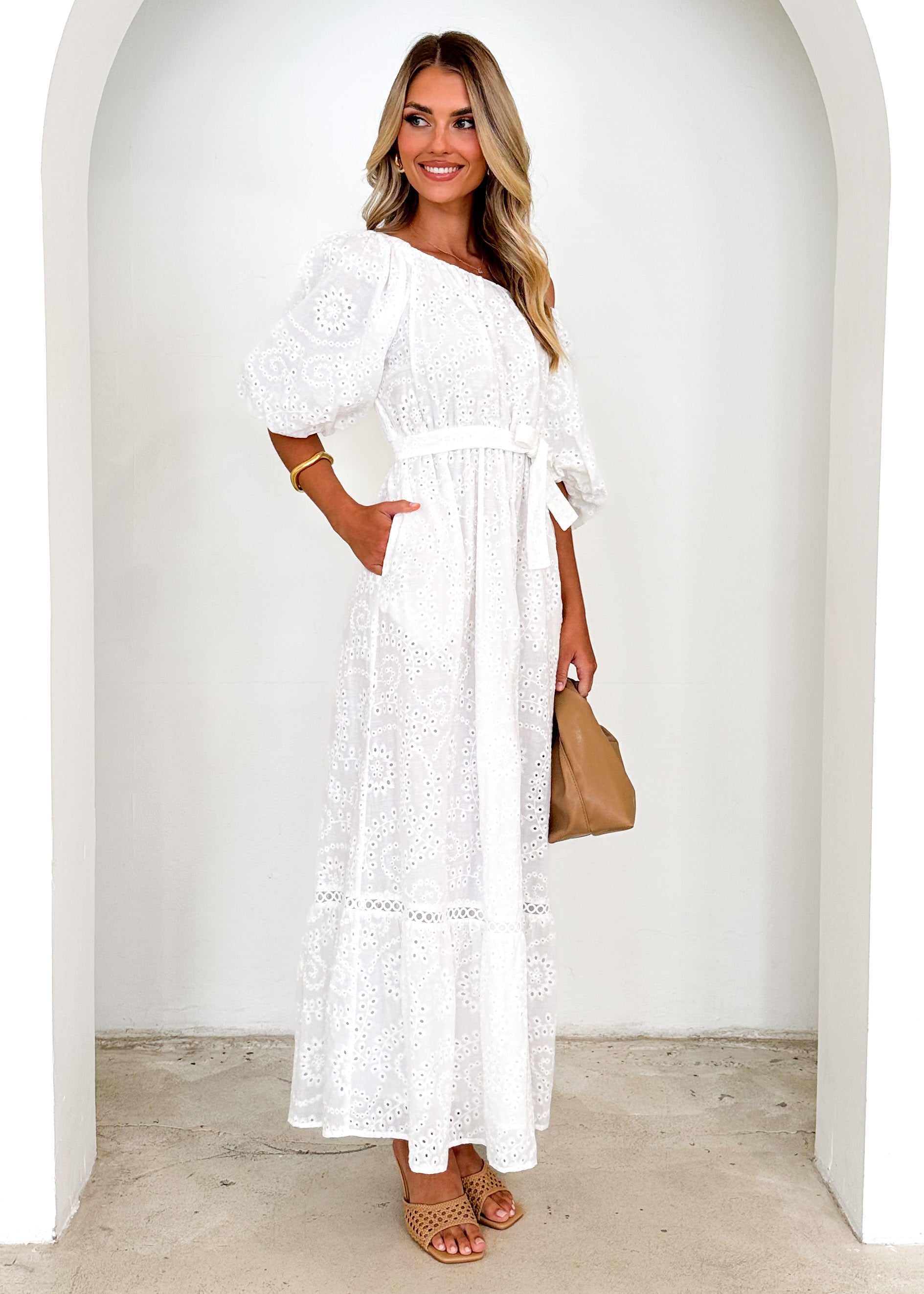 Ellerie Midi Dress - White Anglaise