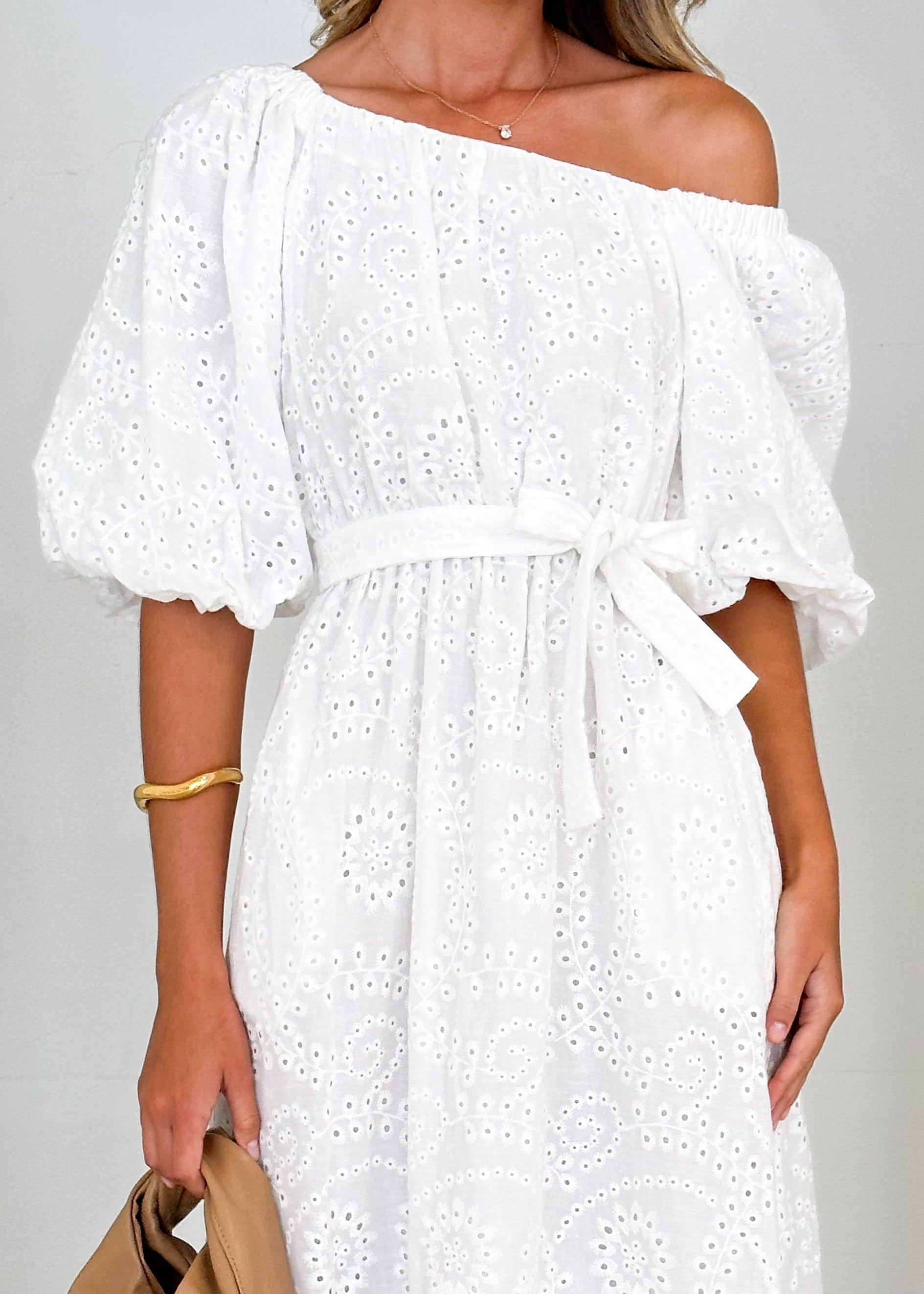 Ellerie Midi Dress - White Anglaise