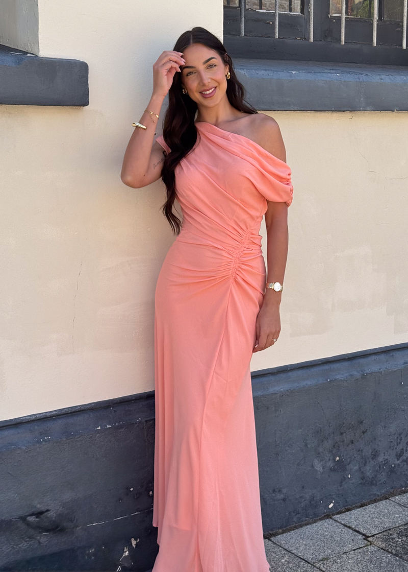 peach off the shoulder maxi dress Flirtini One Shoulder Maxi Dress