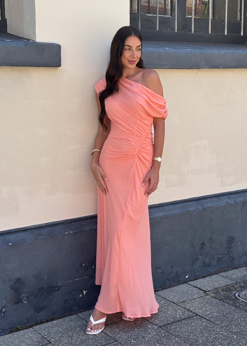 peach asymmetrical maxi dress Glint | Peach Satin Plunge-Neck Maxi Dress With Asymmetric Hem