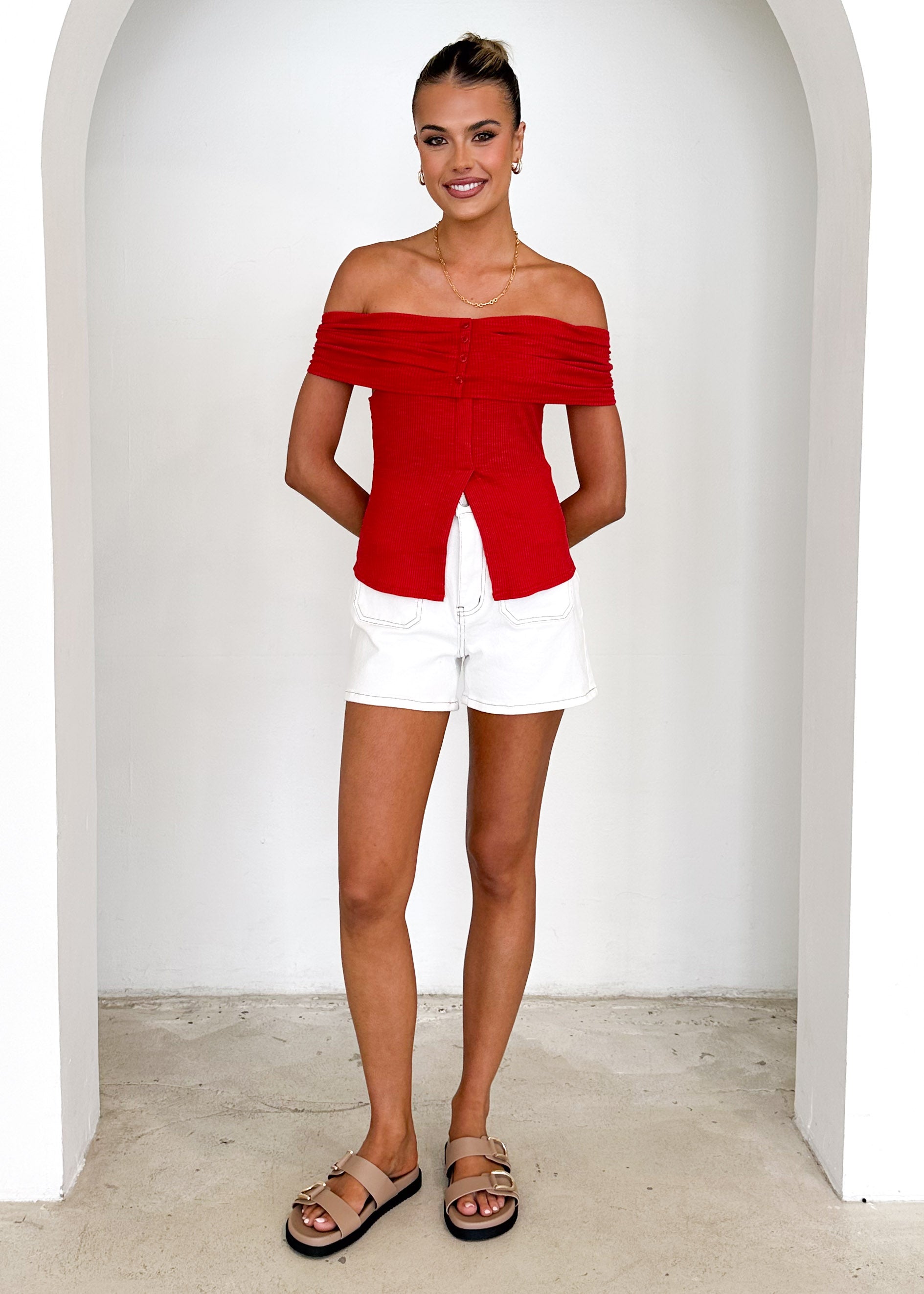 Hewitt Off Shoulder Knit Top - Red