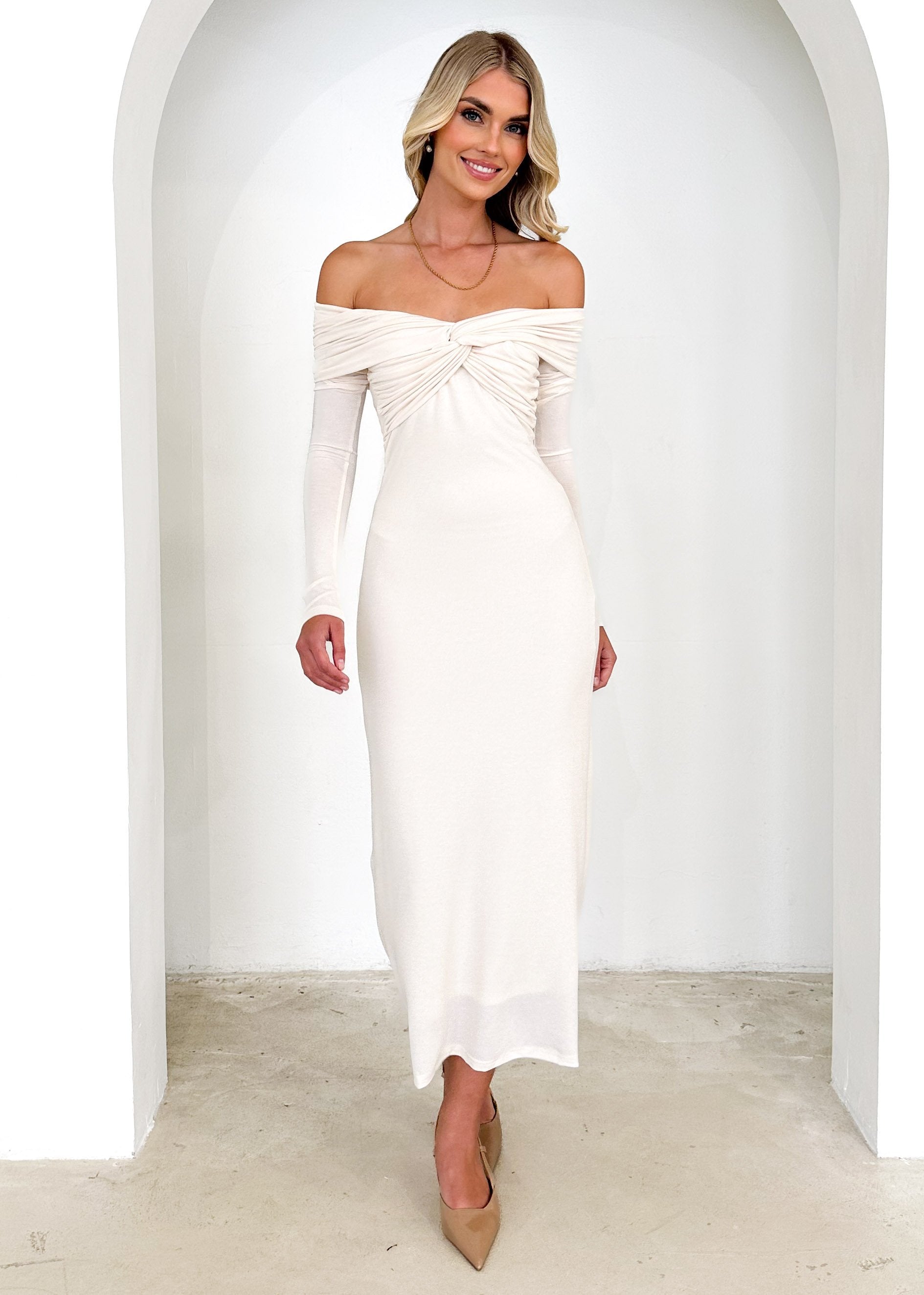 Calypso Off Shoulder Knit Maxi Dress - Cream