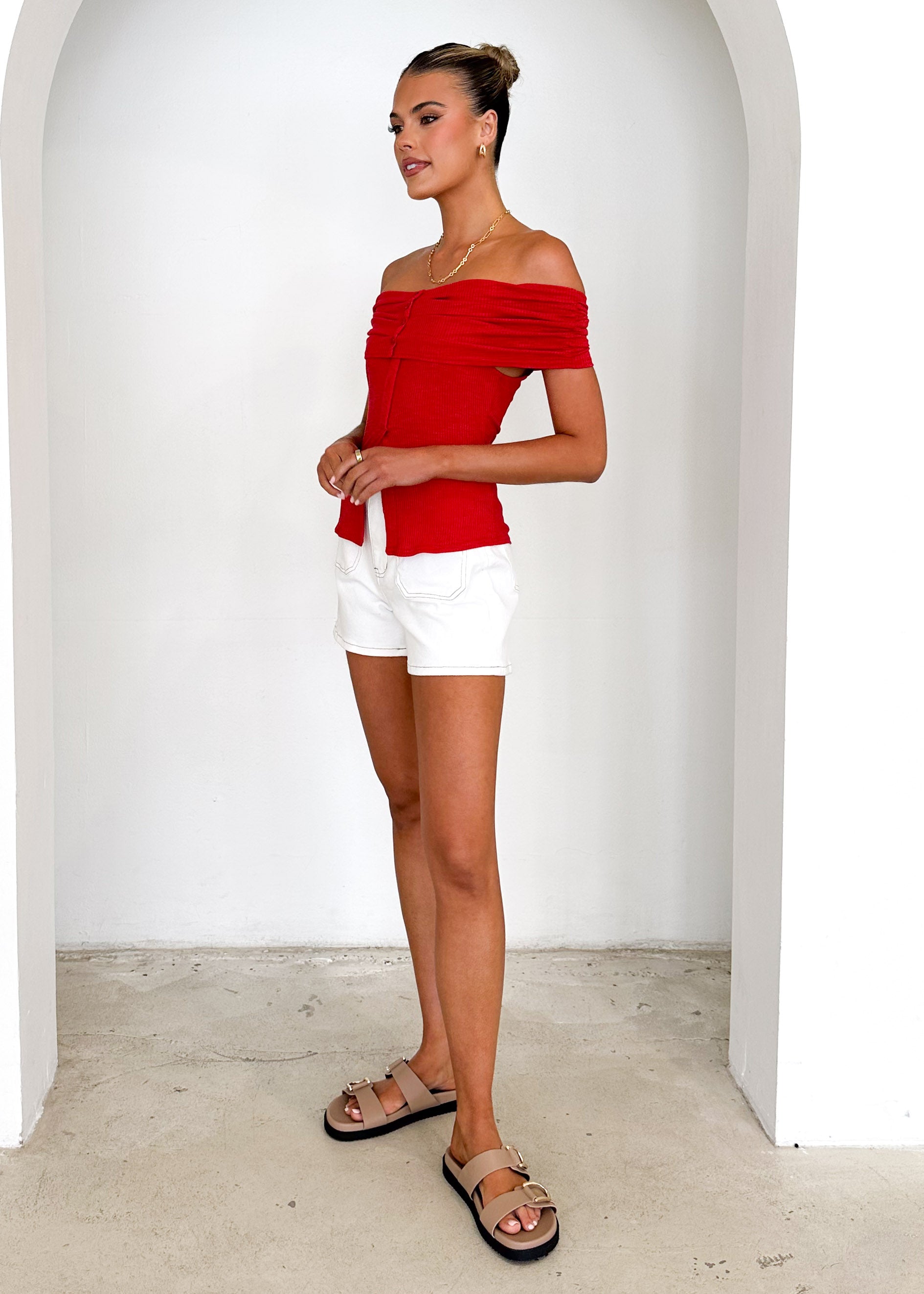 Hewitt Off Shoulder Knit Top - Red