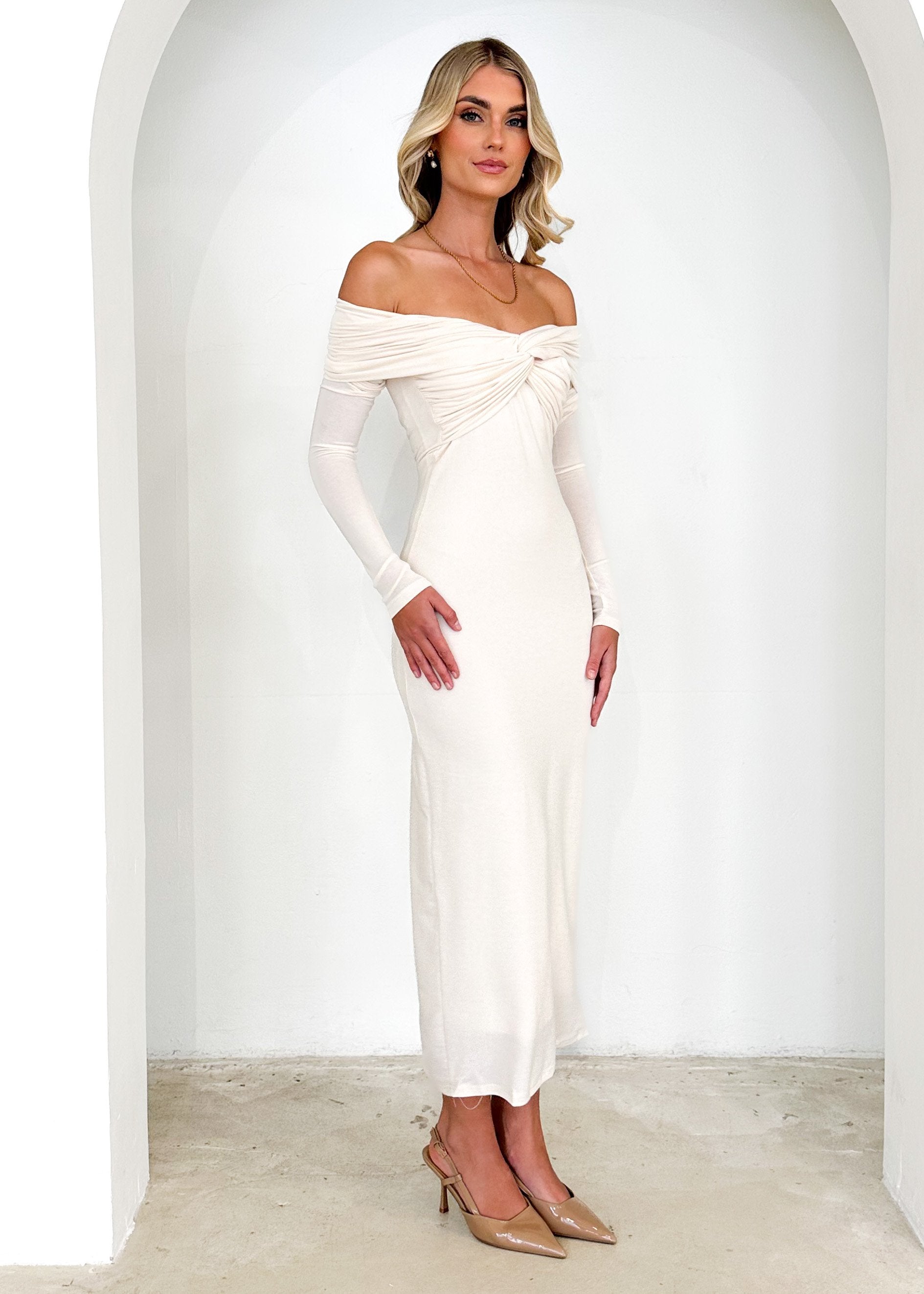 Calypso Off Shoulder Knit Maxi Dress - Cream