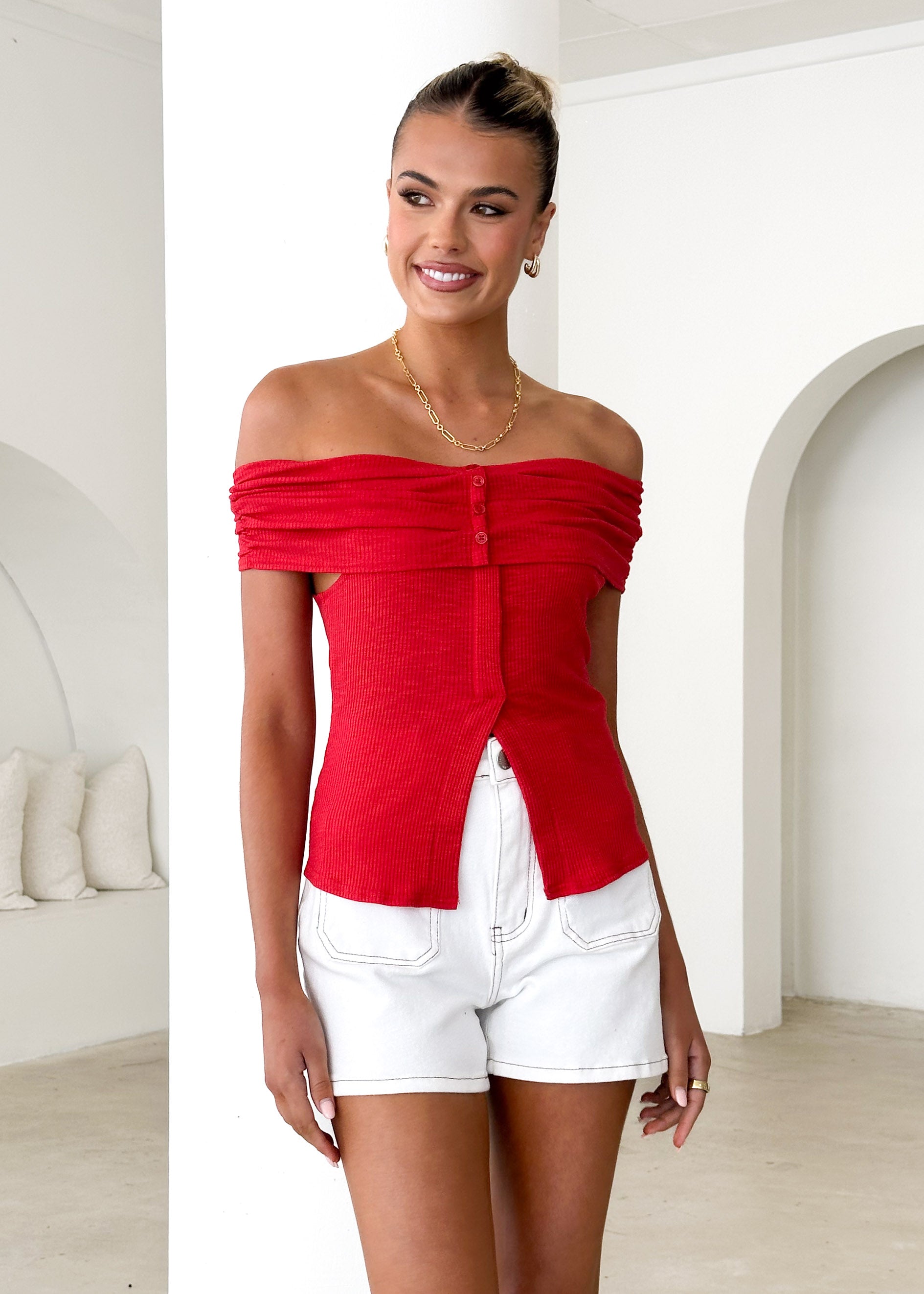 Hewitt Off Shoulder Knit Top - Red