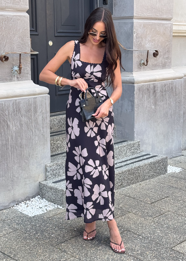 Lovestone Maxi Dress - Black Floral Gingham & Heels Lovestone Maxi Dress - Black Floral Gingham & Heels