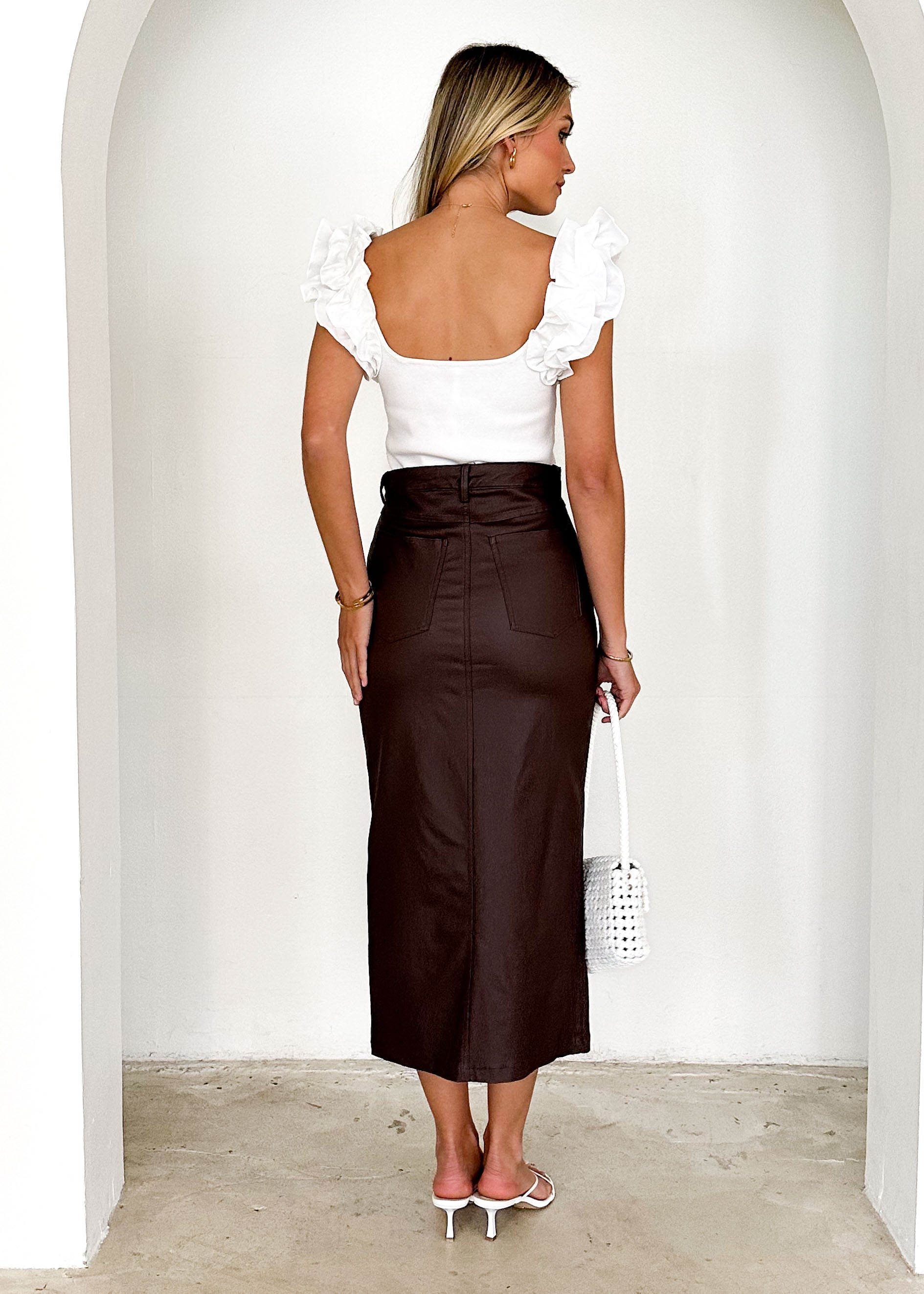 Ziya Coated Midi Skirt - Chocolate