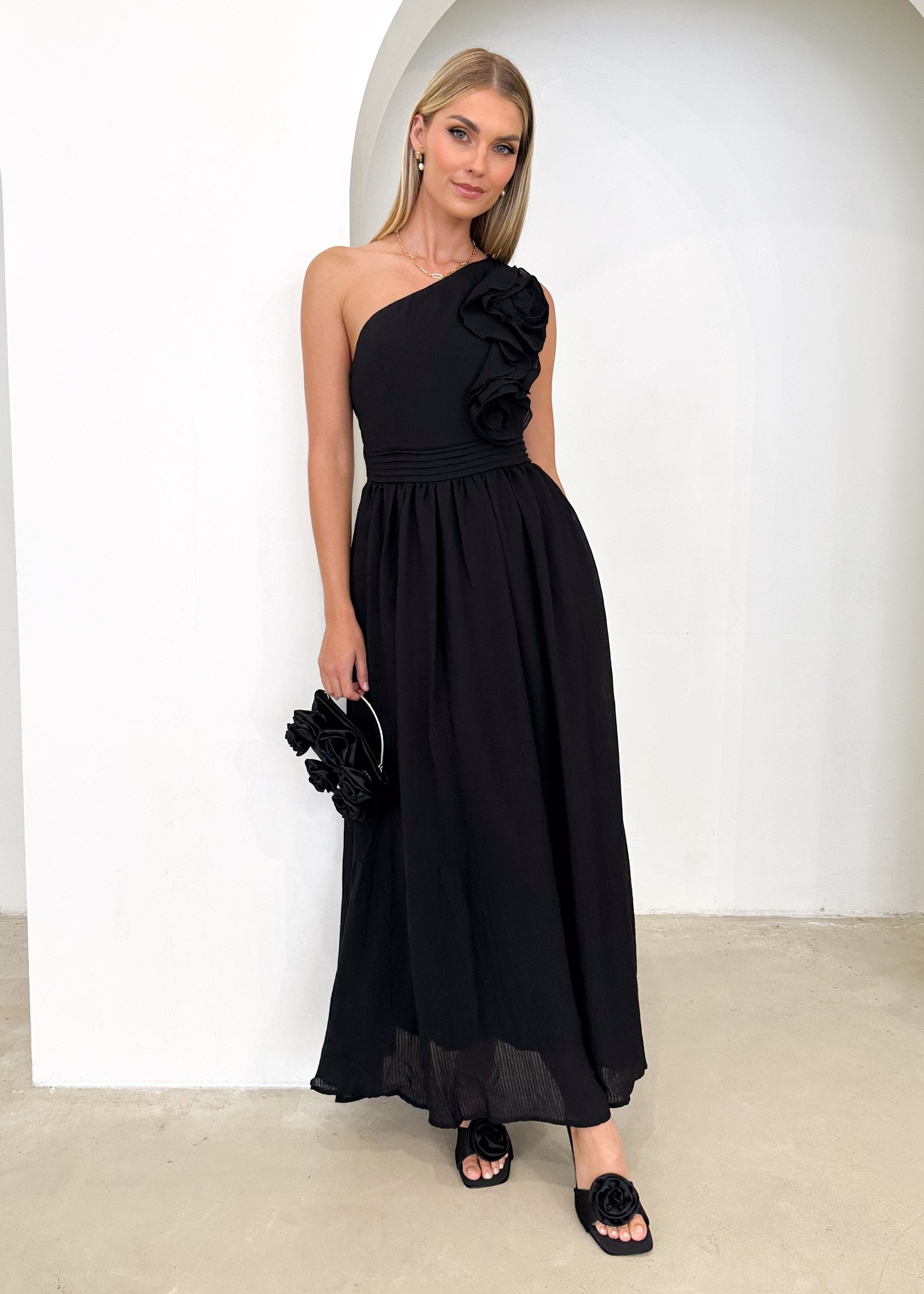Essja One Shoulder Midi Dress - Black