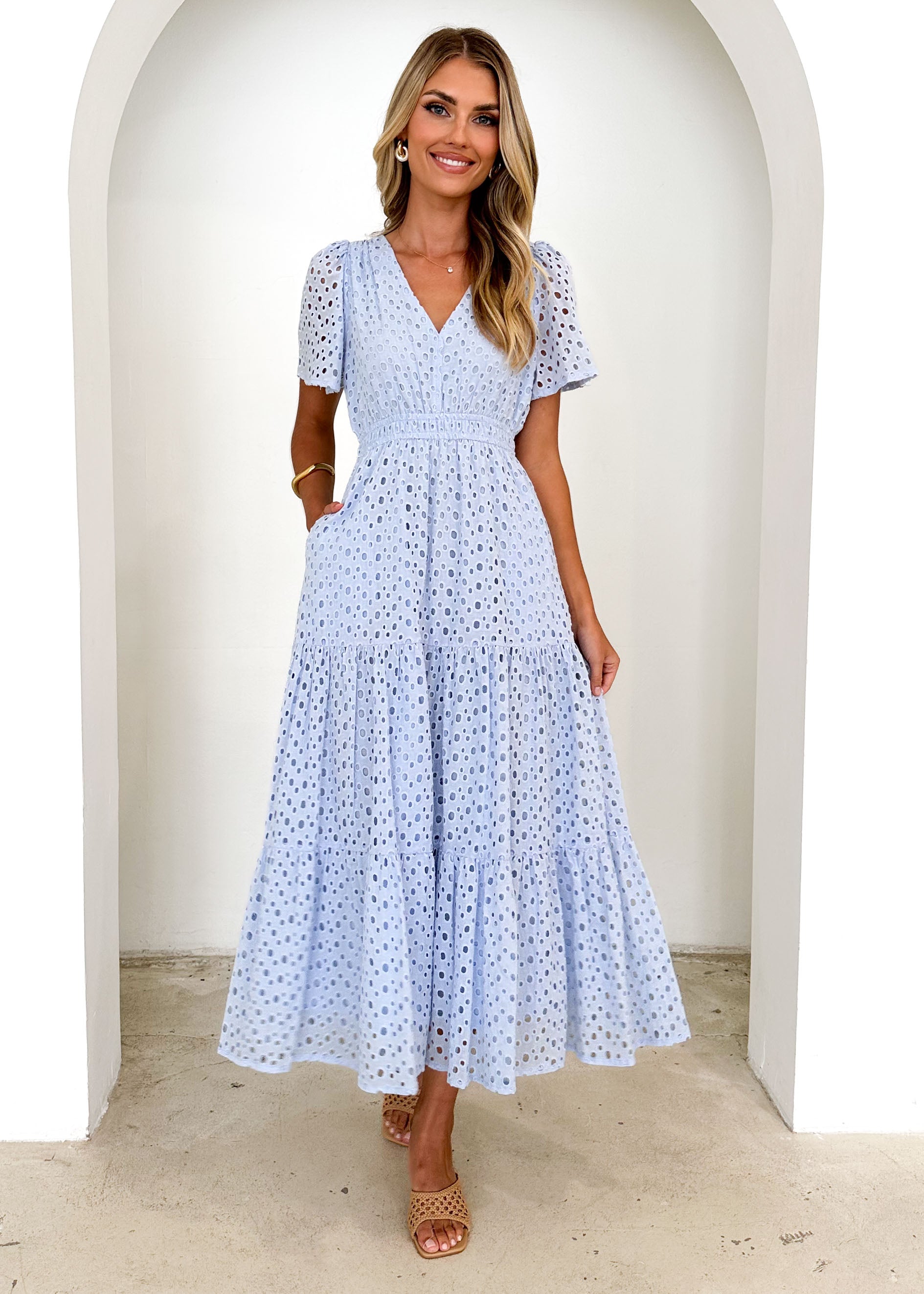 Pia Maxi Dress - Baby Blue Anglaise