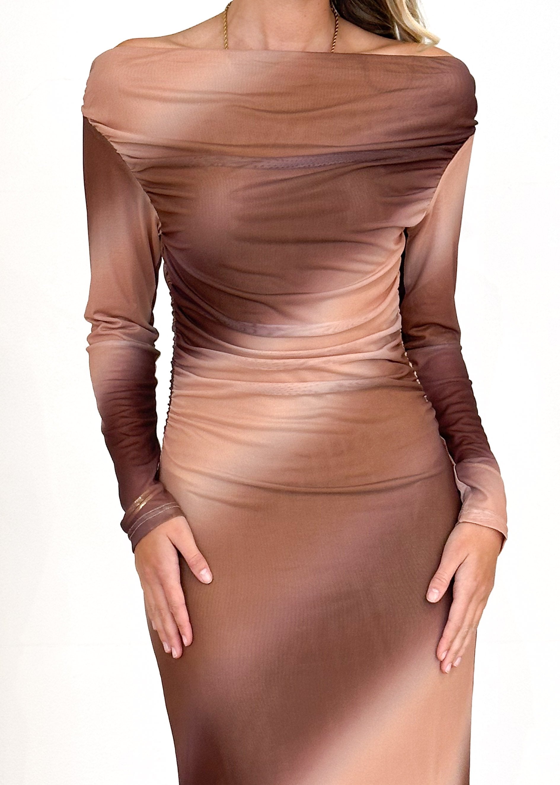 Chantilly Mesh Midi Dress - Brown Tie Dye