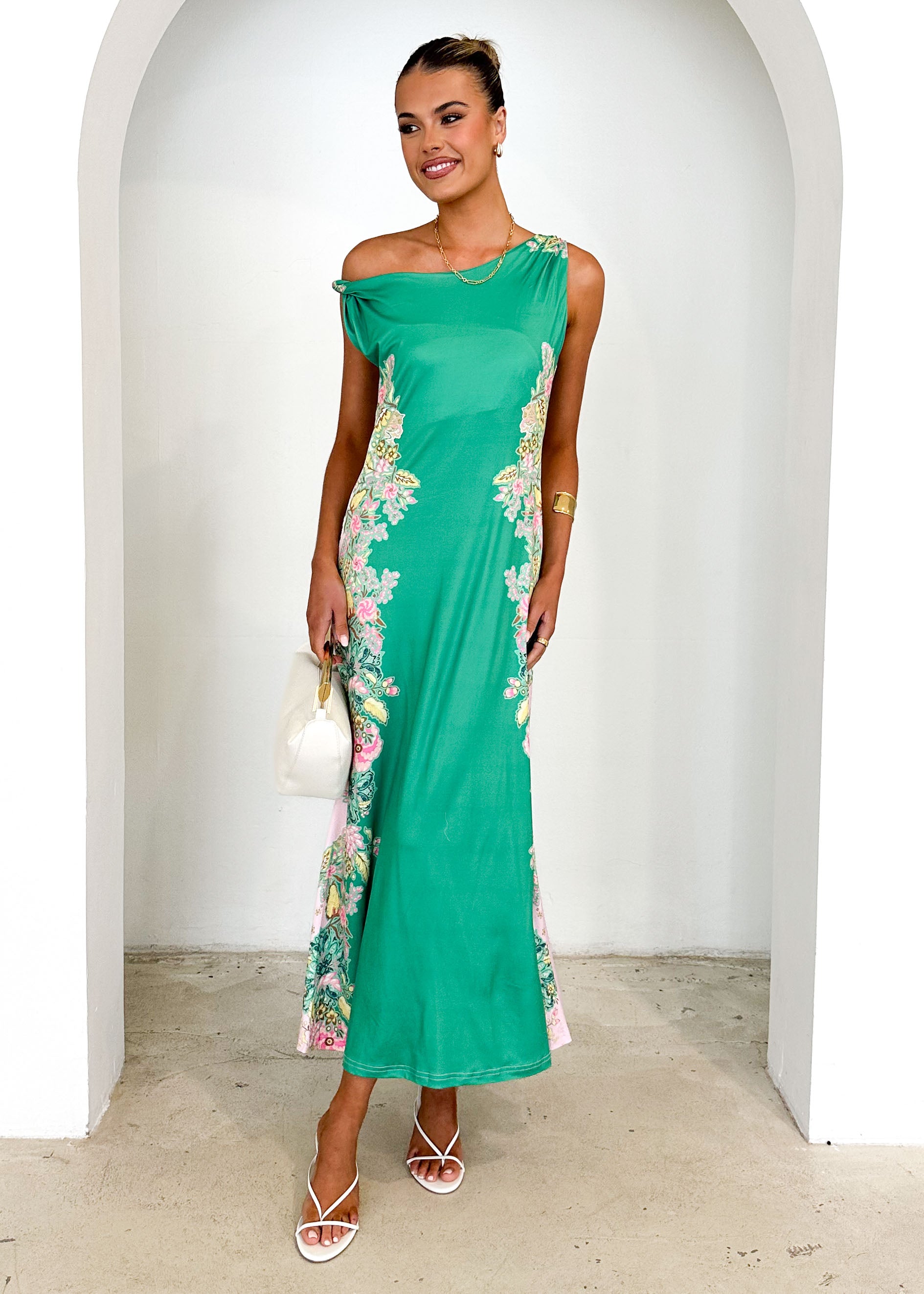 Blossom One Shoulder Maxi Dress - Green Gia