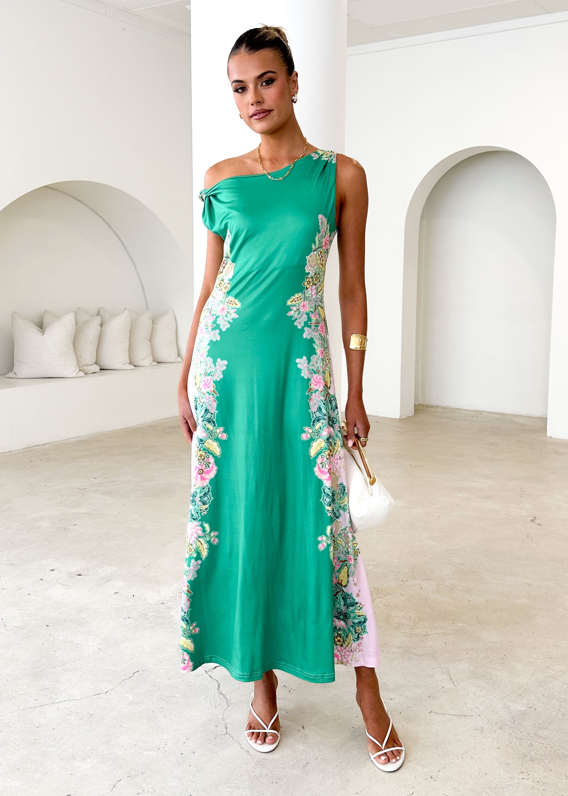 Blossom One Shoulder Maxi Dress - Green Gia