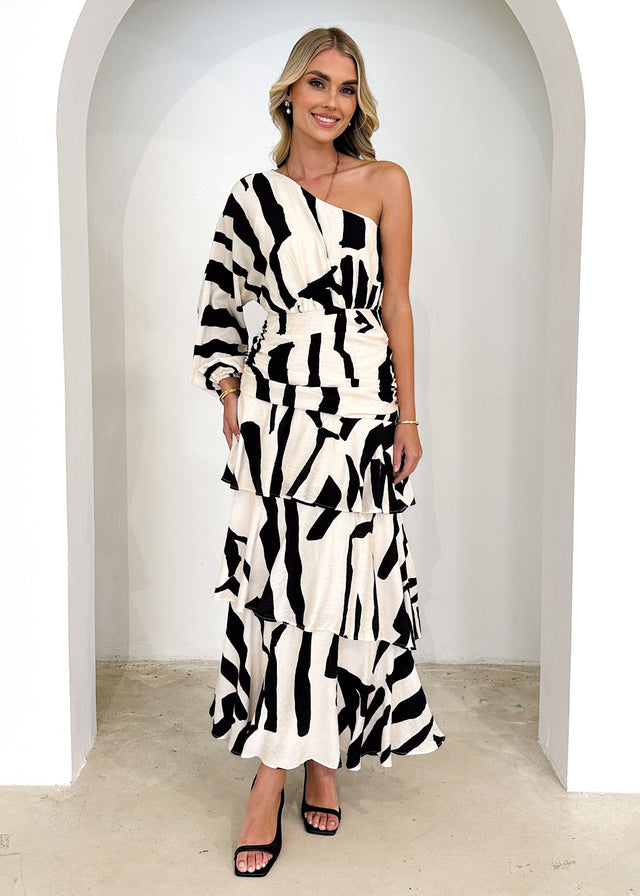 Cody One Shoulder Maxi Dress - Beige Abstract